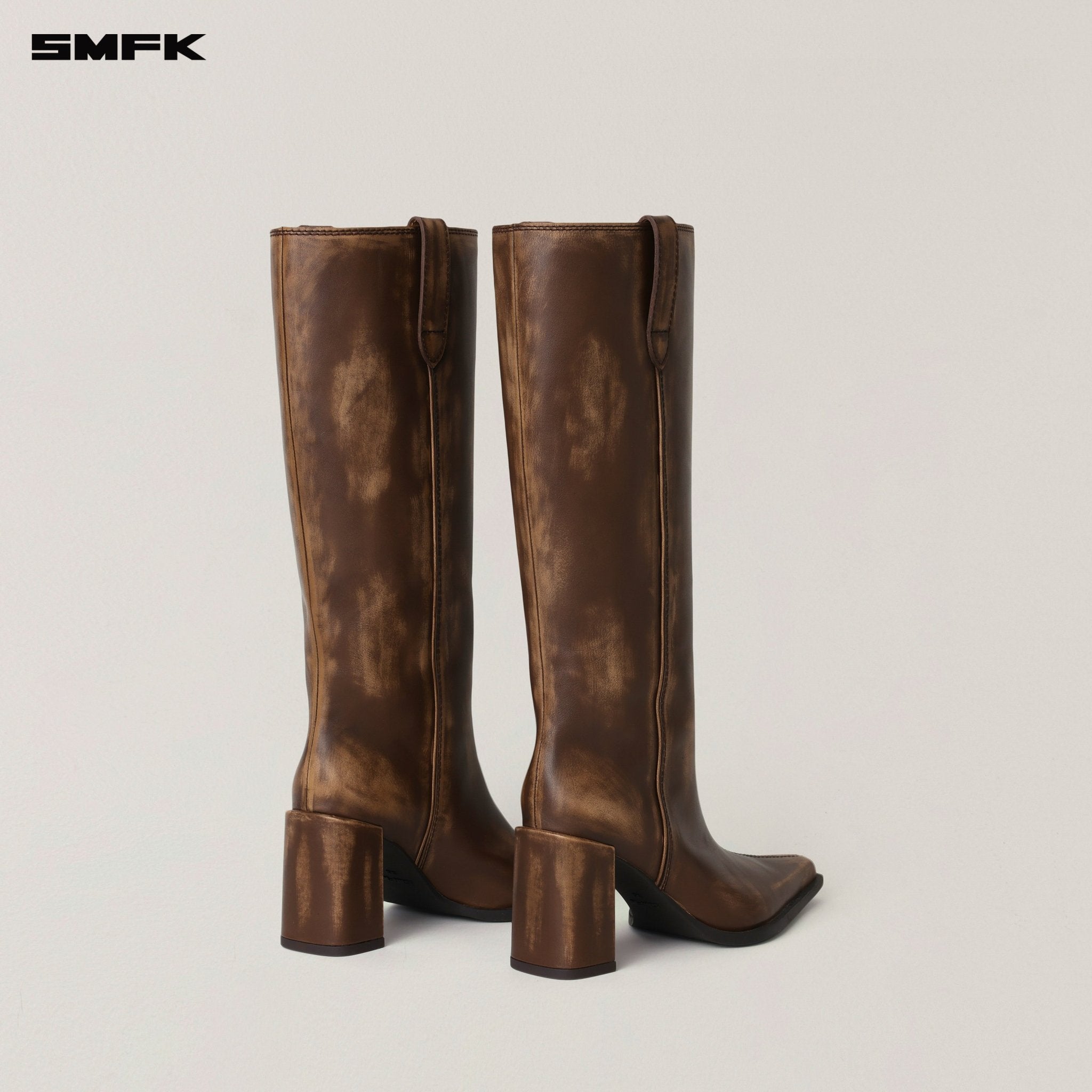 SMFK Compass Badge Sword Leather High Heel Boots In Wild Horse Brown Patina | MADAX