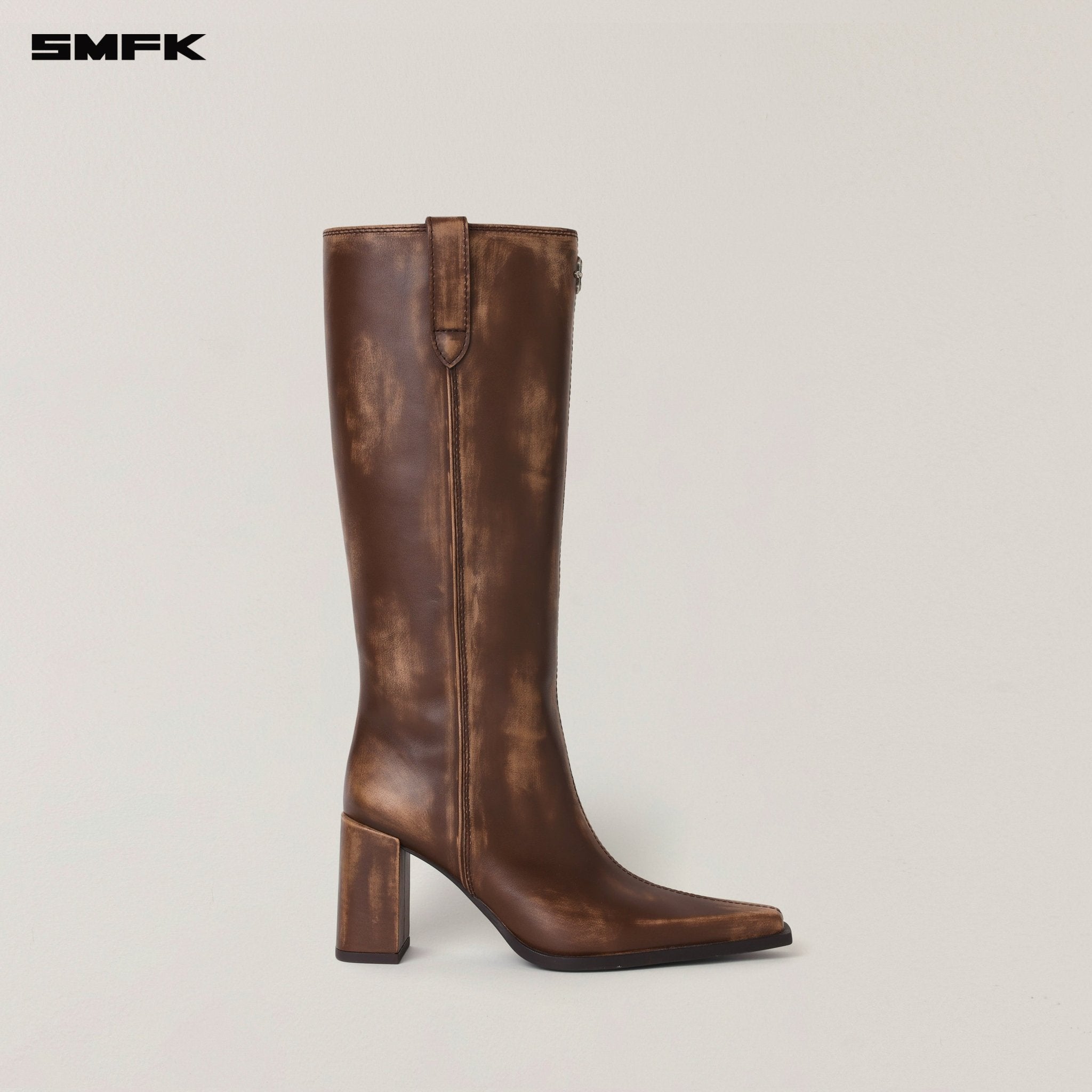 SMFK Compass Badge Sword Leather High Heel Boots In Wild Horse Brown Patina | MADAX