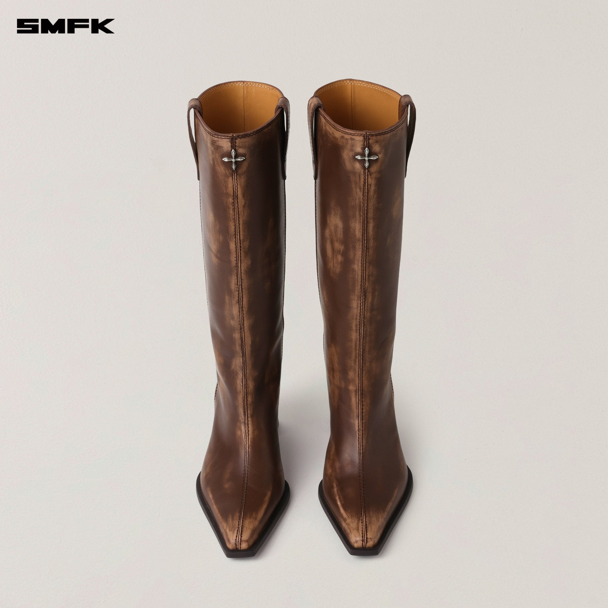 SMFK Compass Badge Sword Leather High Heel Boots In Wild Horse Brown Patina | MADAX