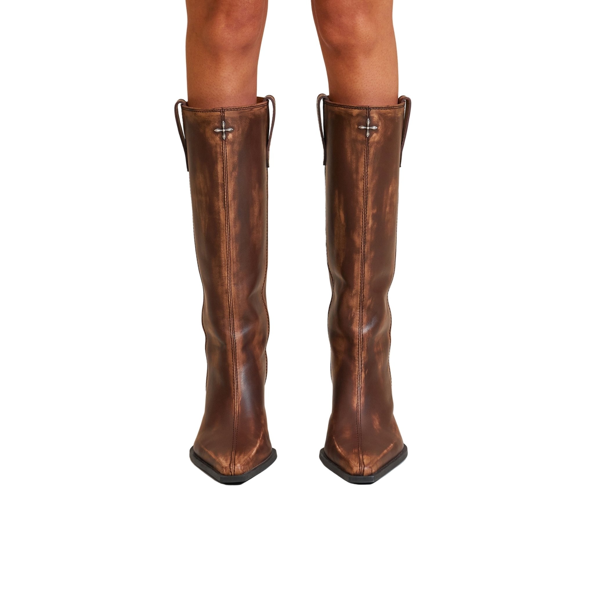 SMFK Compass Badge Sword Leather High Heel Boots In Wild Horse Brown Patina | MADAX