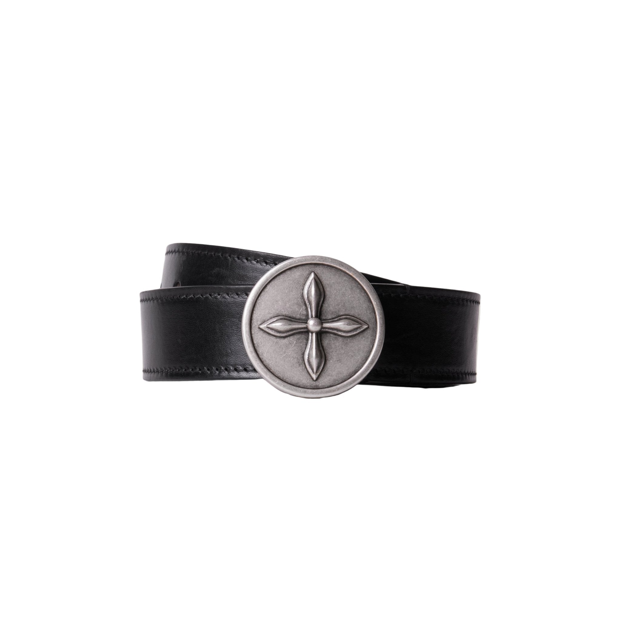 SMFK Compass Circular Badge Handcraft Horse Leather Belt In Wild Black | MADAX