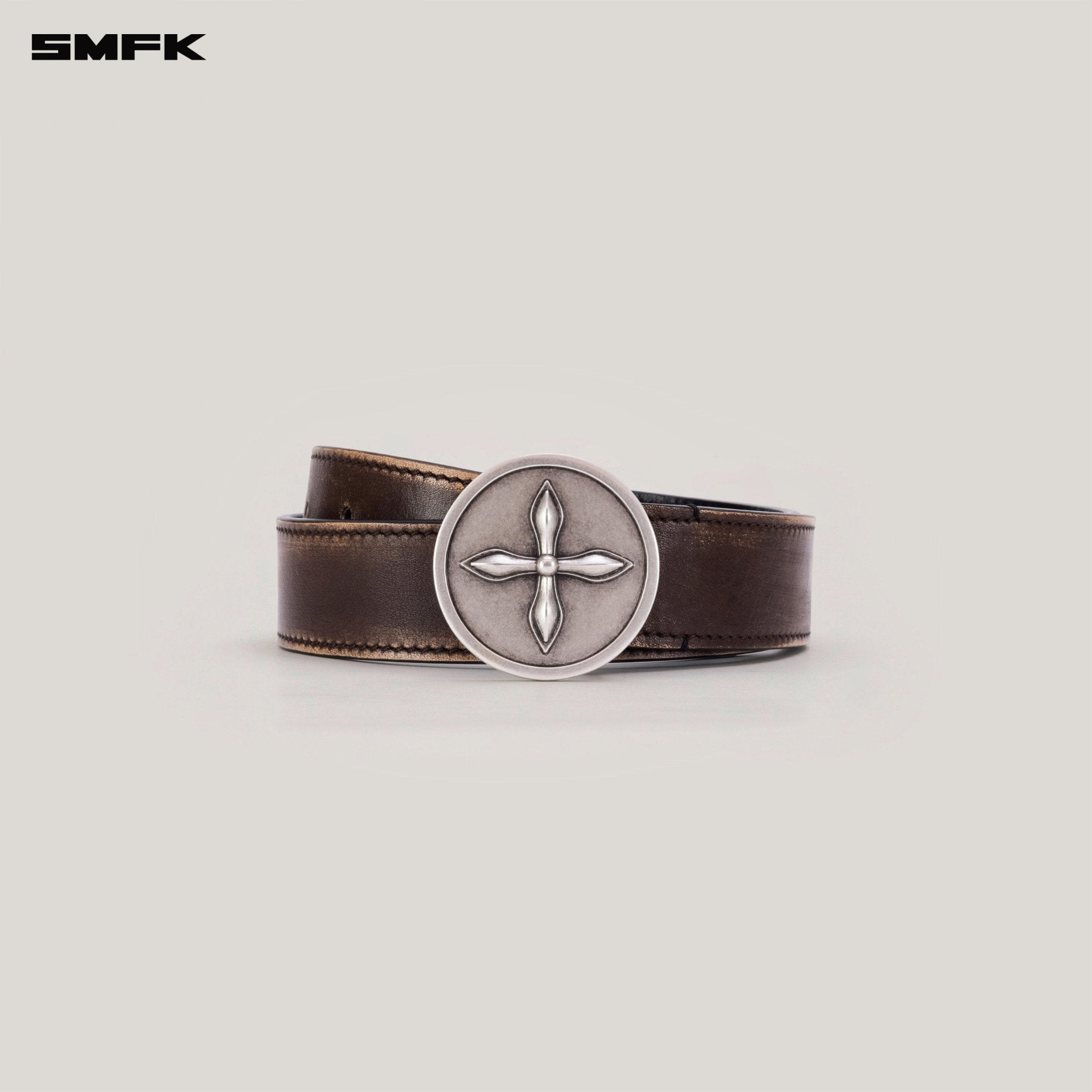 SMFK Compass Circular Badge Handcraft Patina Leather Belt In Brown | MADAX
