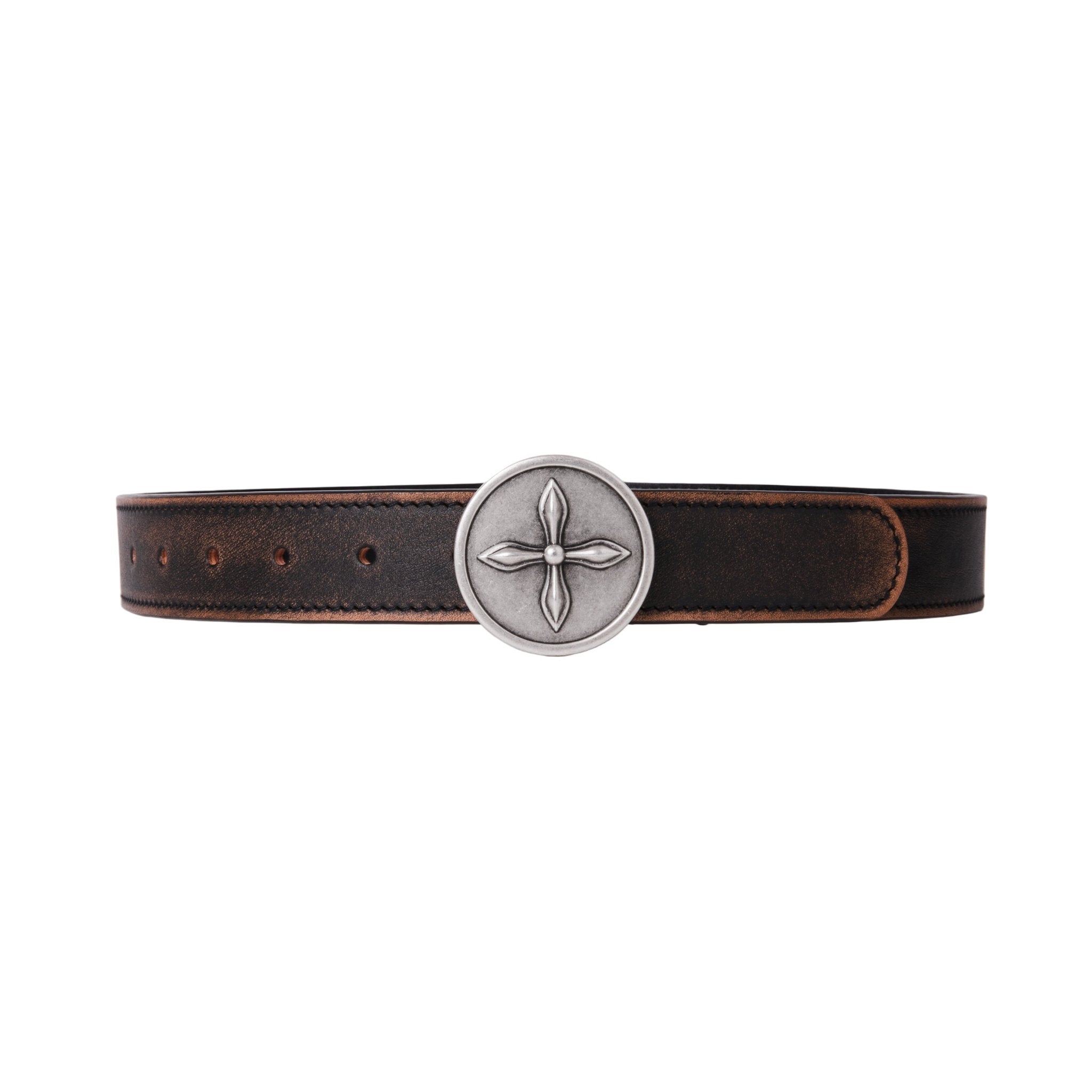 SMFK Compass Circular Badge Handcraft Patina Leather Belt In Wild Black Patina | MADAX