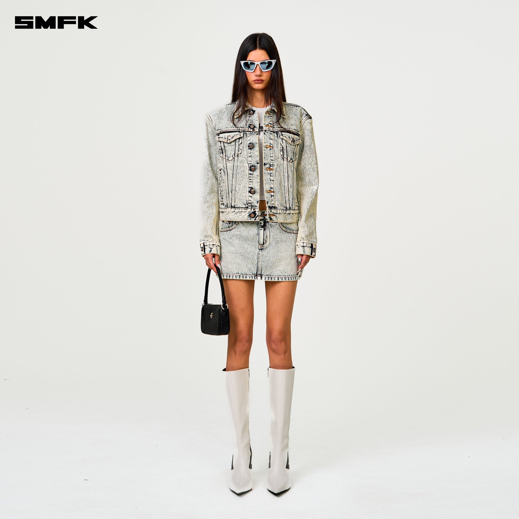 SMFK Compass Cross Classic Cut - Off Denim Skirt In White | MADAX