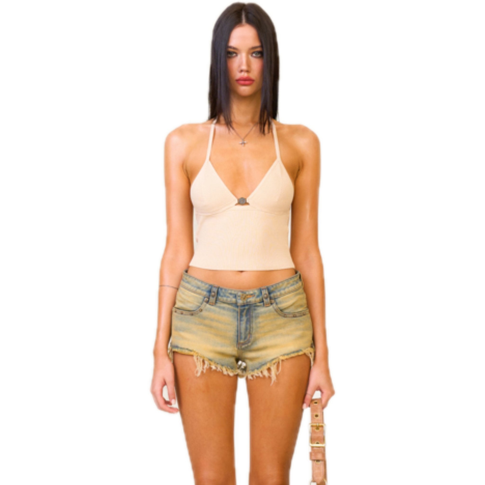 SMFK Compass Cross Knitted Halter-Neck Top Nude | MADA IN CHINA