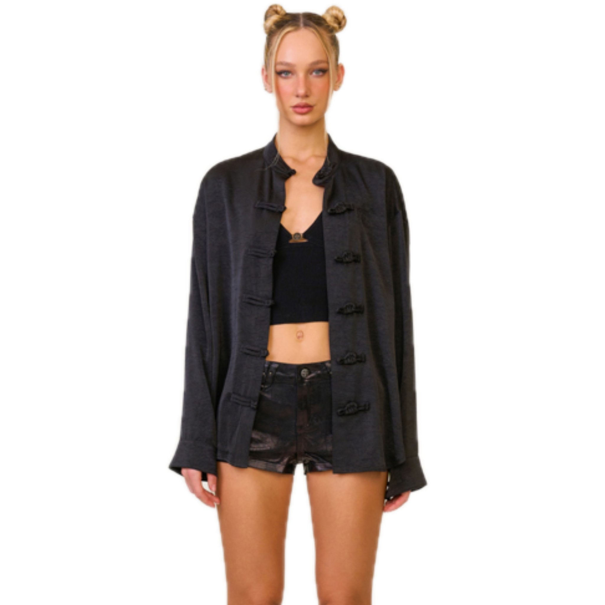 Compass Mandarin Front Satin Shirt | MADAX