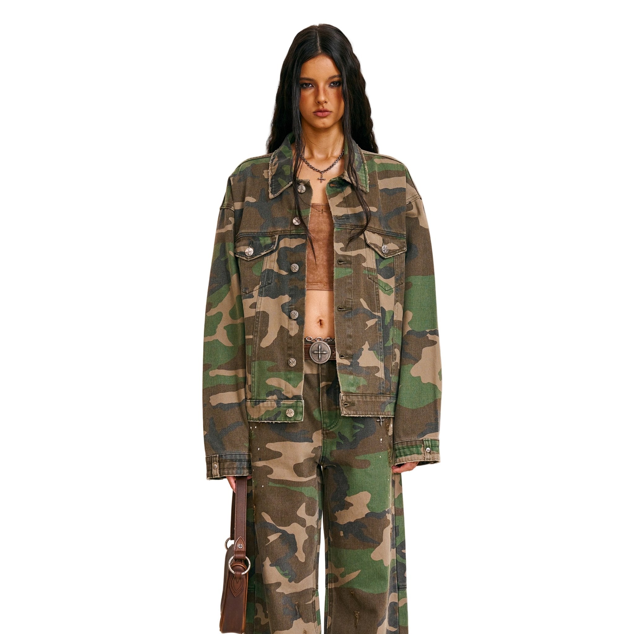 SMFK Compass Mode Camo Denim Jacket In Army Green Camouflage | MADAX