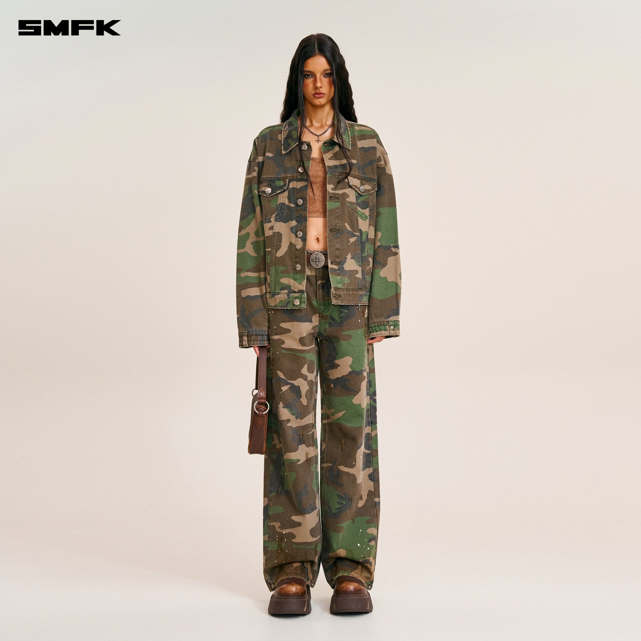 SMFK Compass Mode Camo Denim Jacket In Army Green Camouflage | MADAX