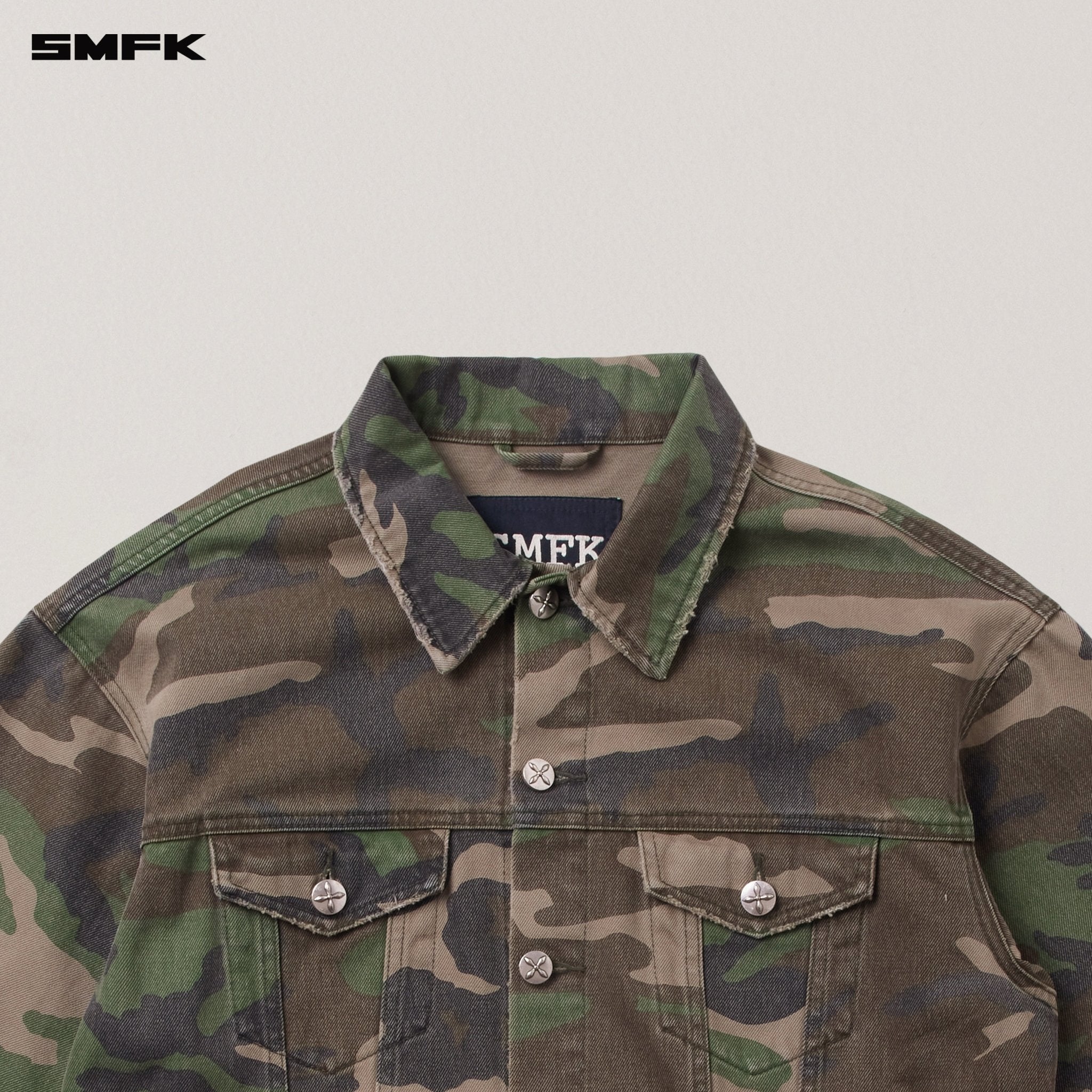SMFK Compass Mode Camo Denim Jacket In Army Green Camouflage | MADAX