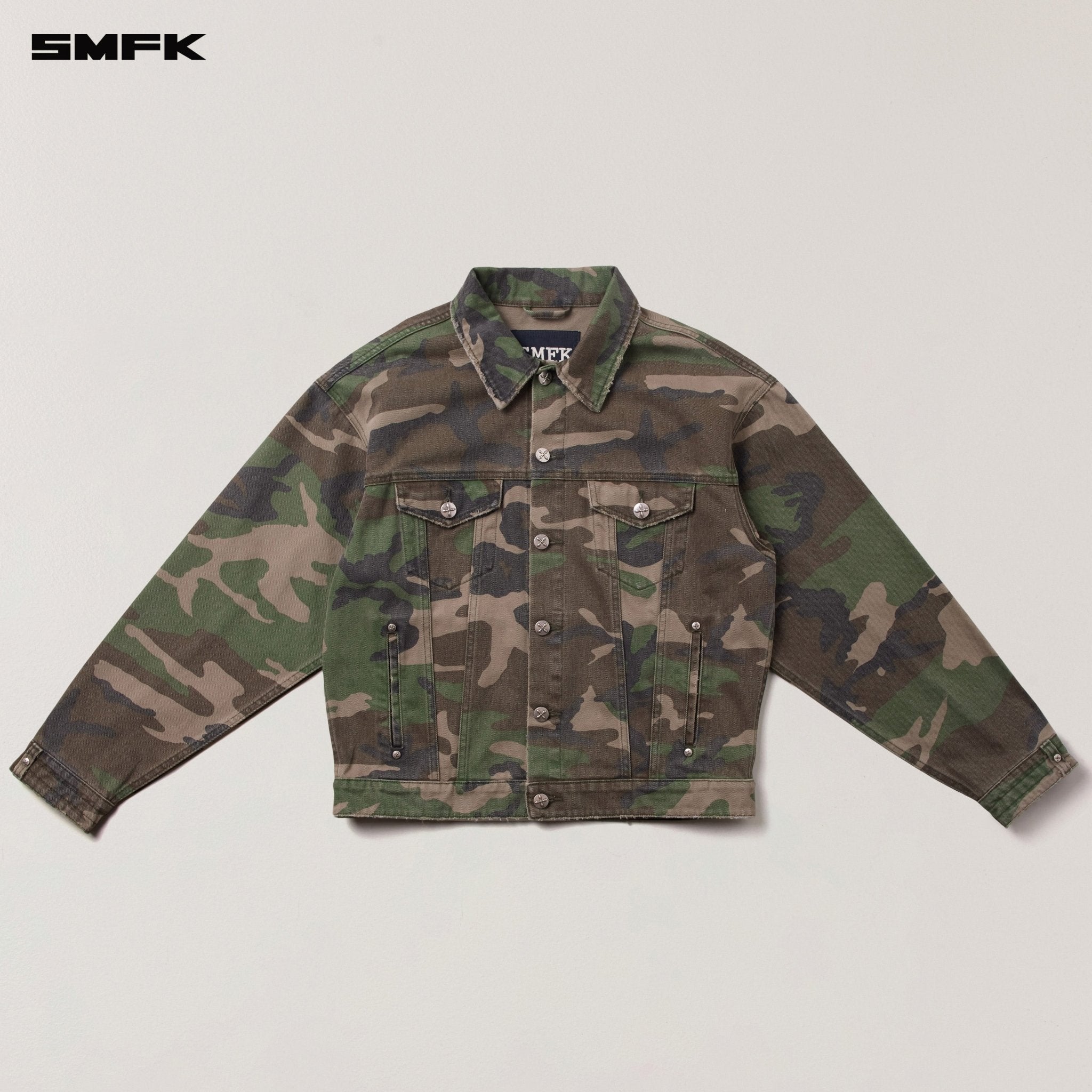 SMFK Compass Mode Camo Denim Jacket In Army Green Camouflage | MADAX