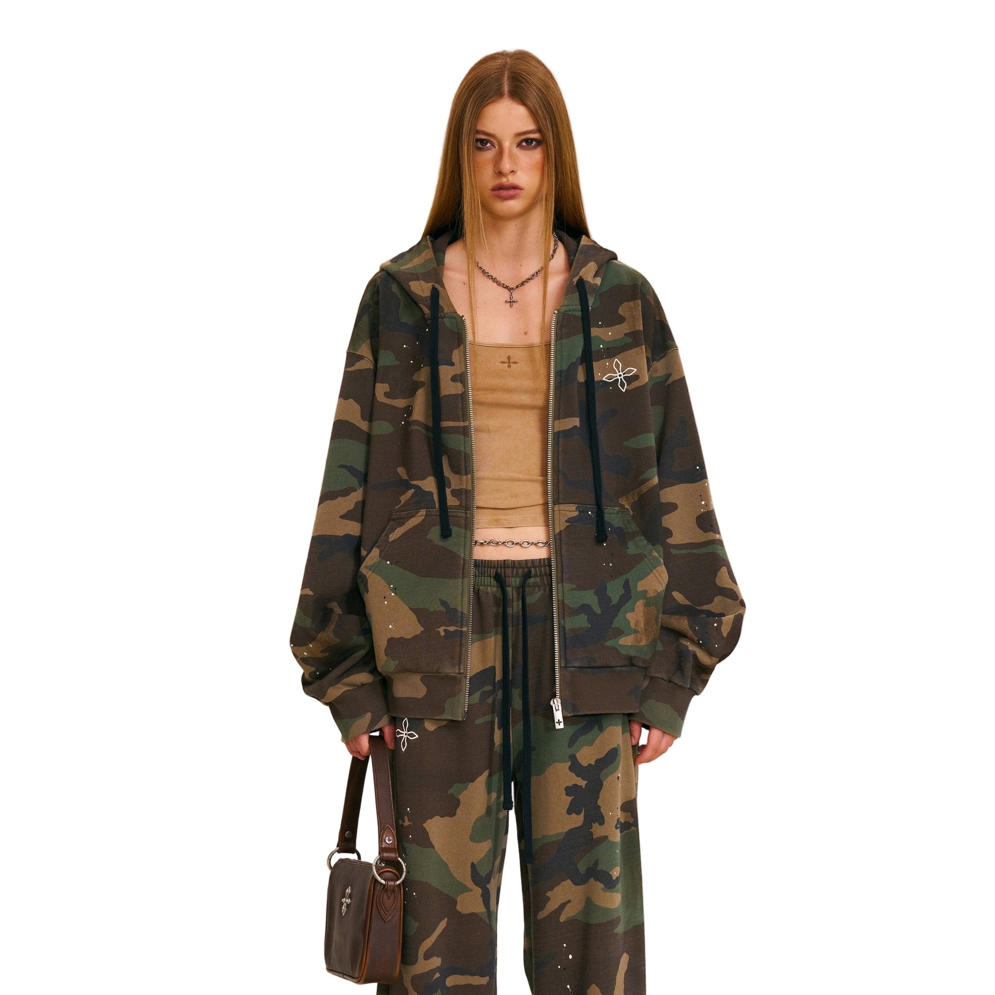 SMFK Compass Mode Camo Loose Zip Hoodie in Army Green Camouflage | MADAX