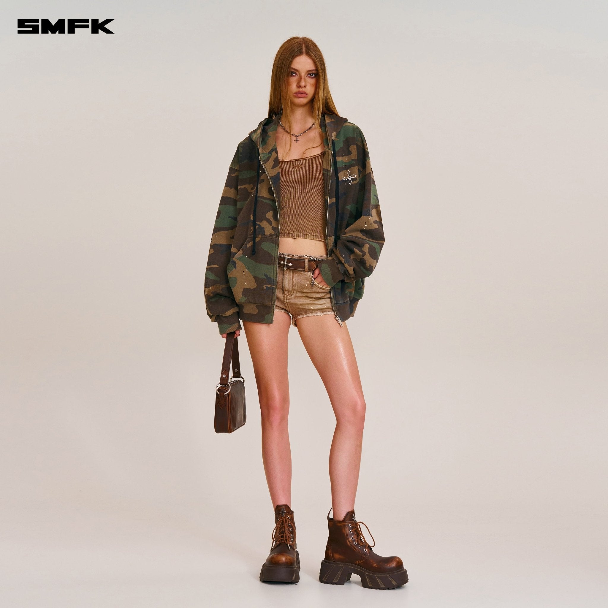 SMFK Compass Mode Camo Loose Zip Hoodie in Army Green Camouflage | MADAX