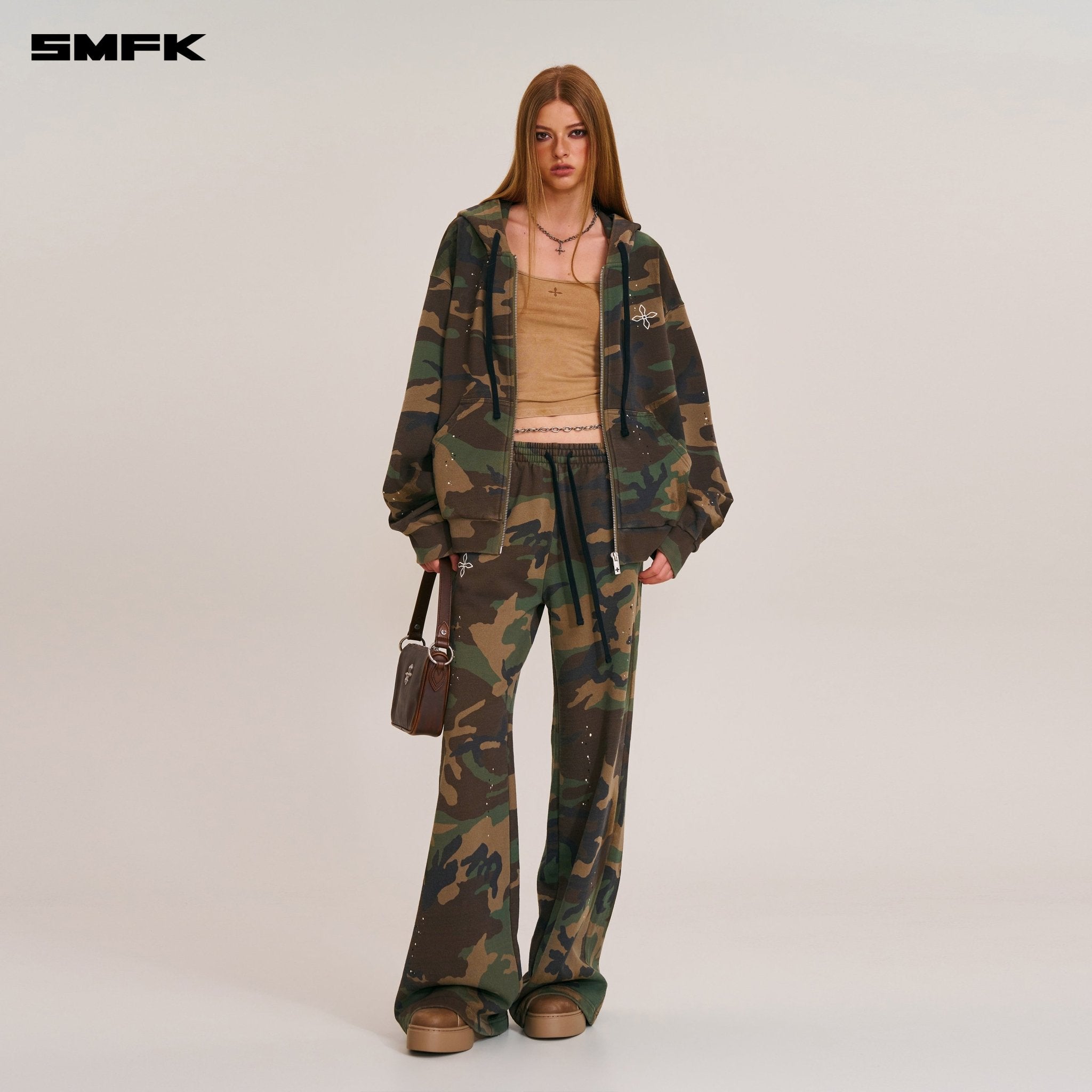 SMFK Compass Mode Camo Loose Zip Hoodie in Army Green Camouflage | MADAX