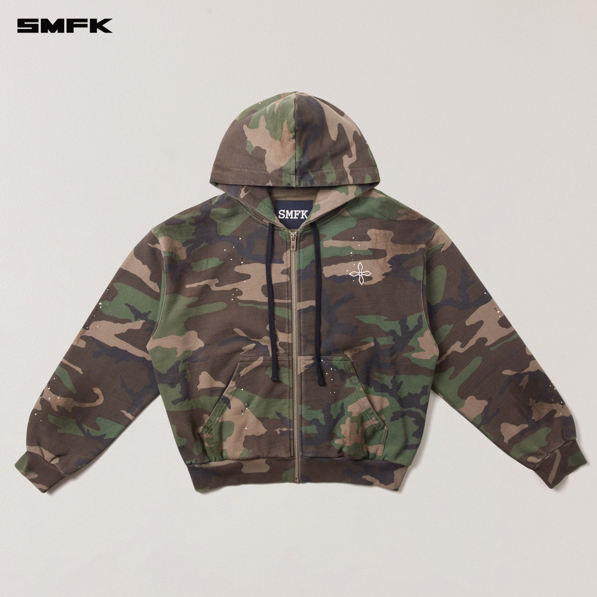 SMFK Compass Mode Camo Loose Zip Hoodie in Army Green Camouflage | MADAX