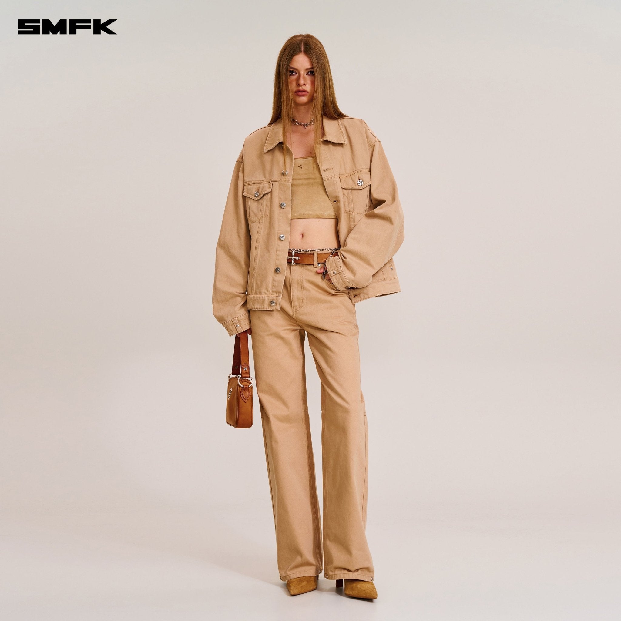 SMFK Compass Mode Loose Straight Demin Pants In Sand | MADAX