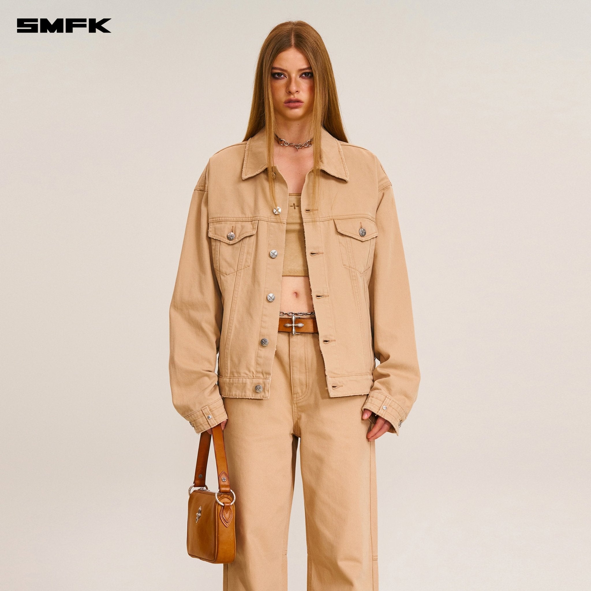SMFK Compass Mode Loose Straight Demin Pants In Sand | MADAX