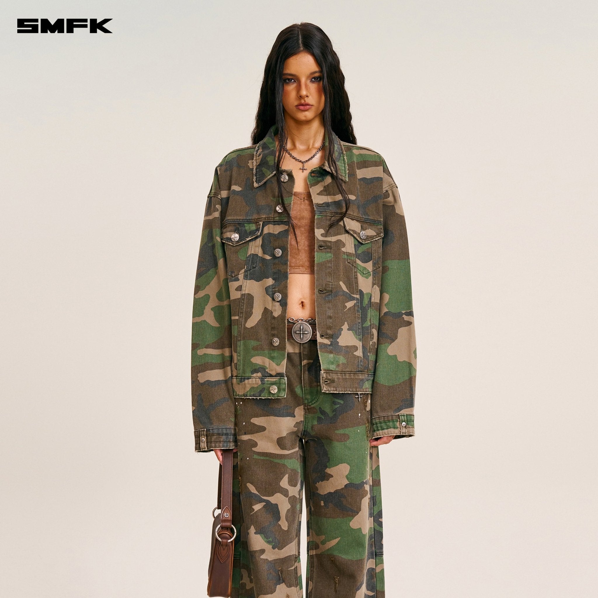 SMFK Compass Mode Wasteland Loose Straight Denim Pant In Army Green Camouflage | MADAX