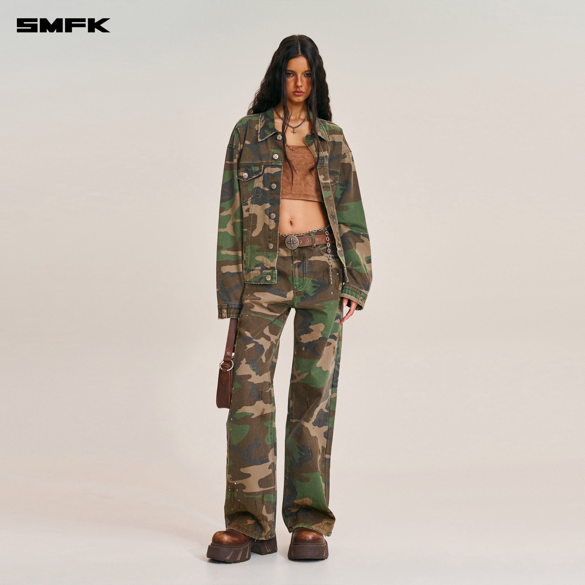 SMFK Compass Mode Wasteland Loose Straight Denim Pant In Army Green Camouflage | MADAX
