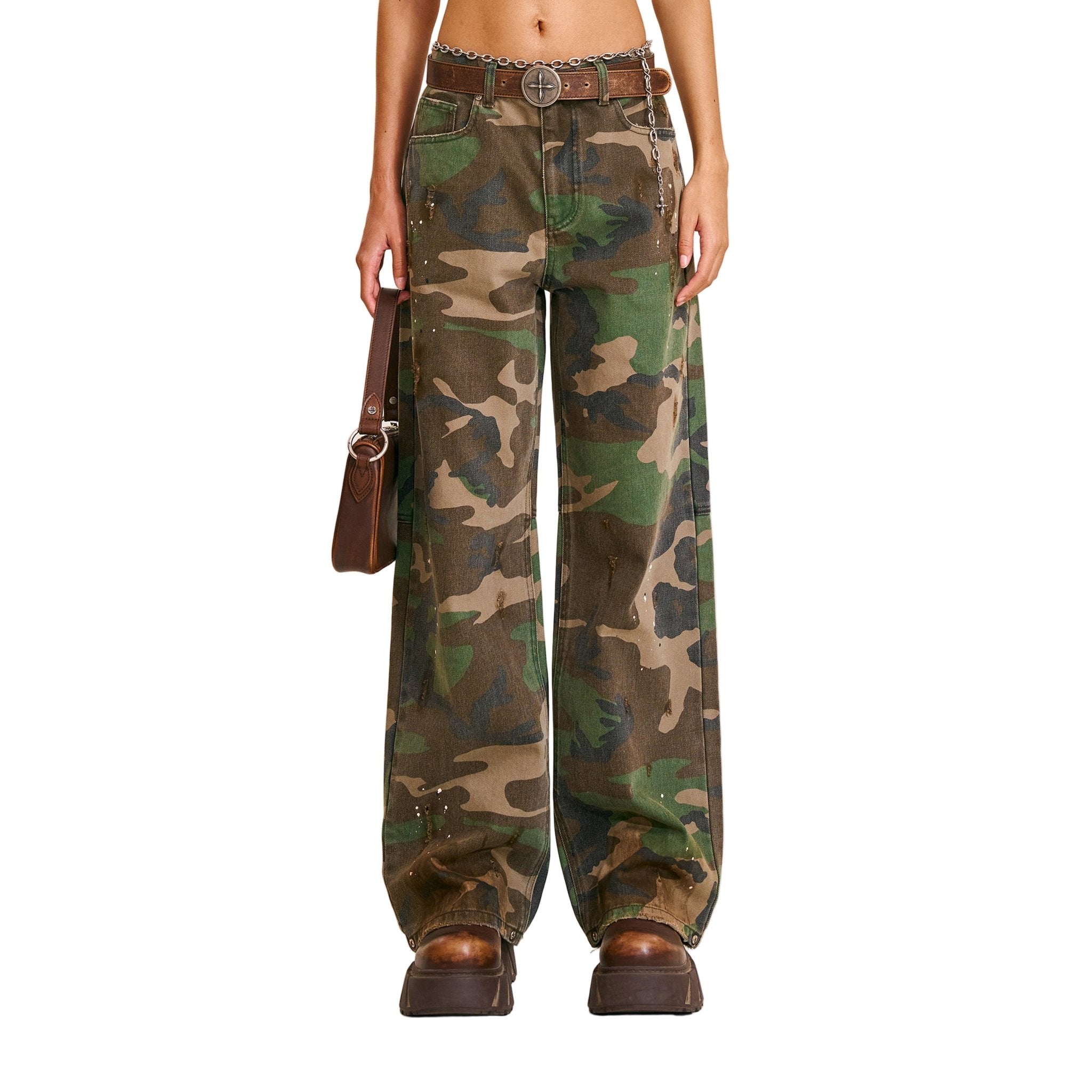 SMFK Compass Mode Wasteland Loose Straight Denim Pant In Army Green Camouflage | MADAX