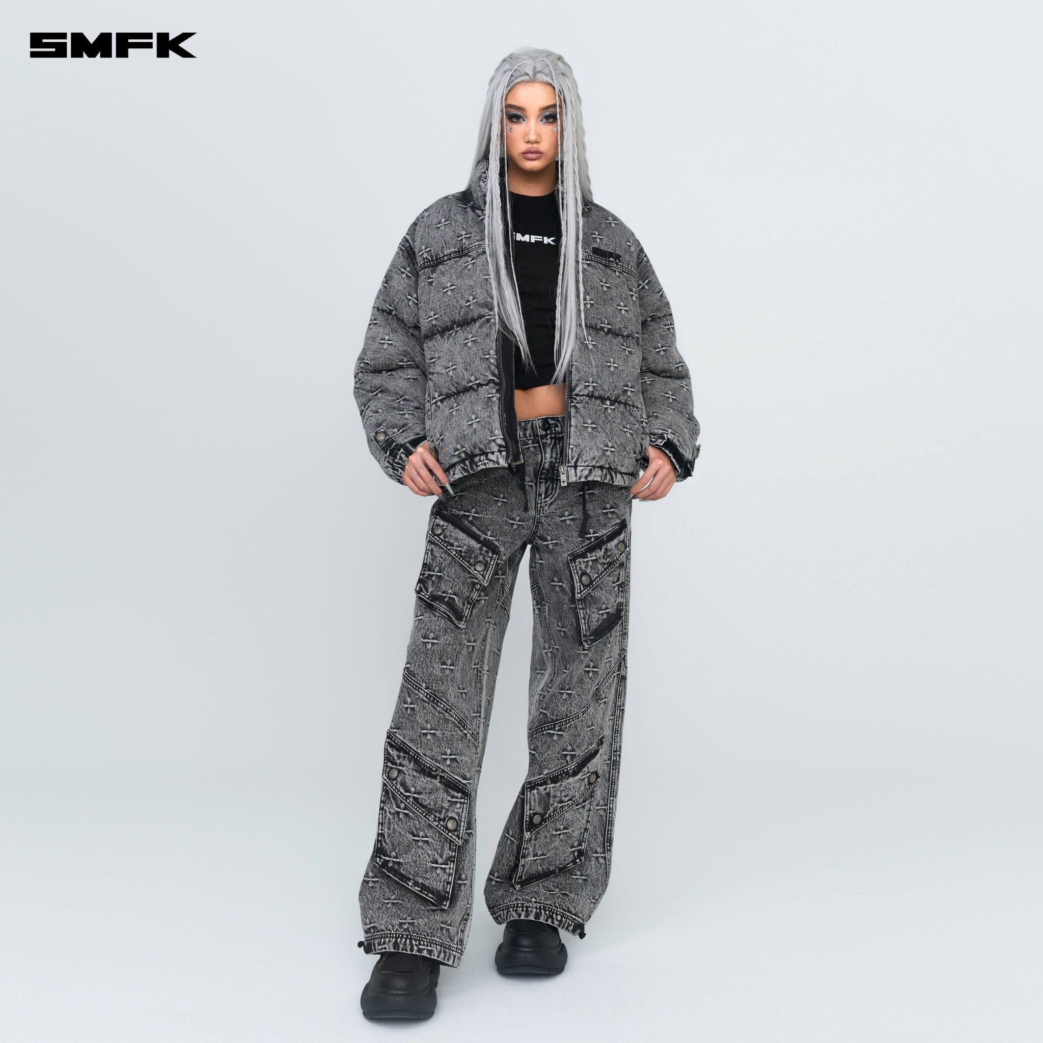 SMFK Compass Mustang Classic Denim Puffer Jacket In Gray | MADAX