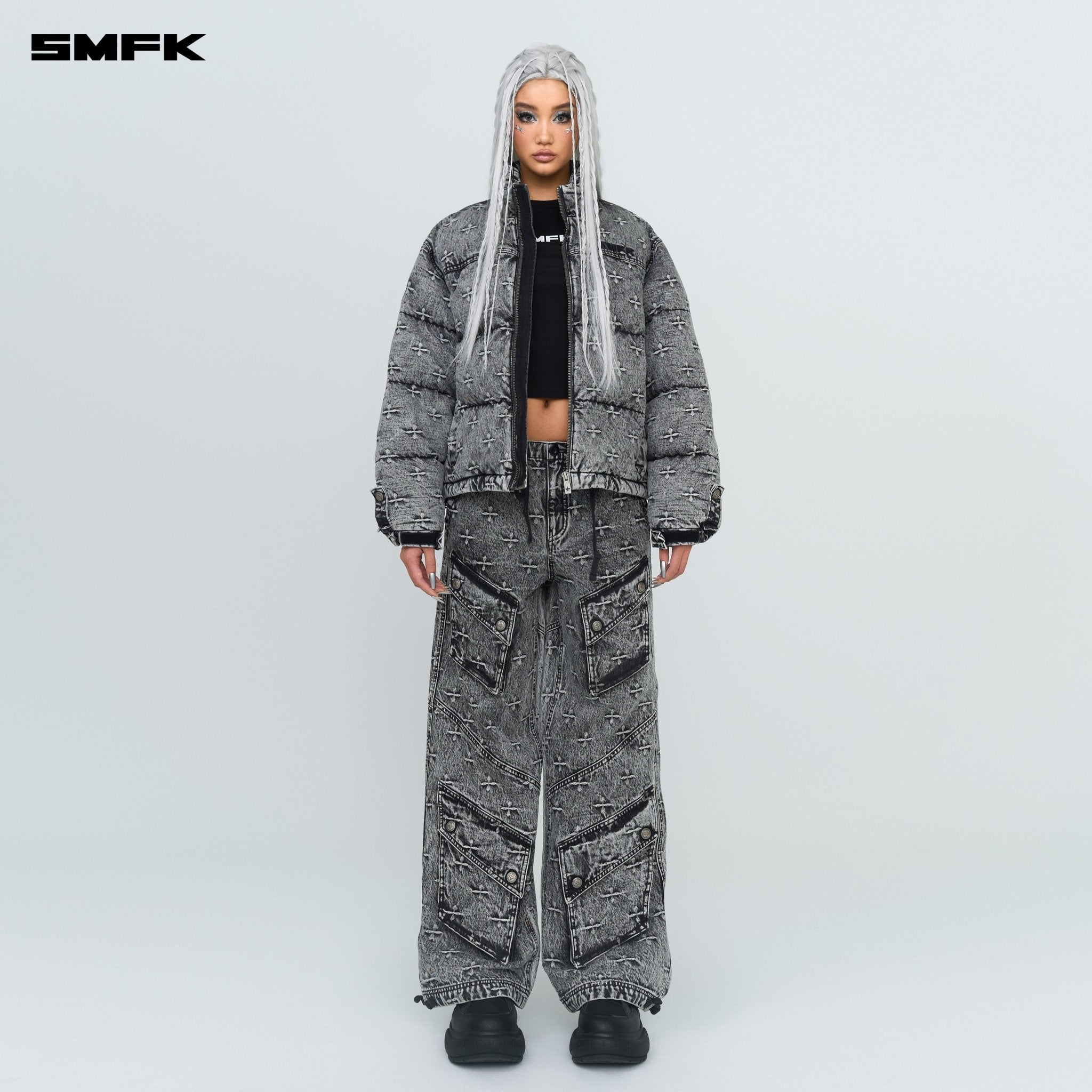 SMFK Compass Mustang Classic Denim Puffer Jacket In Gray | MADAX