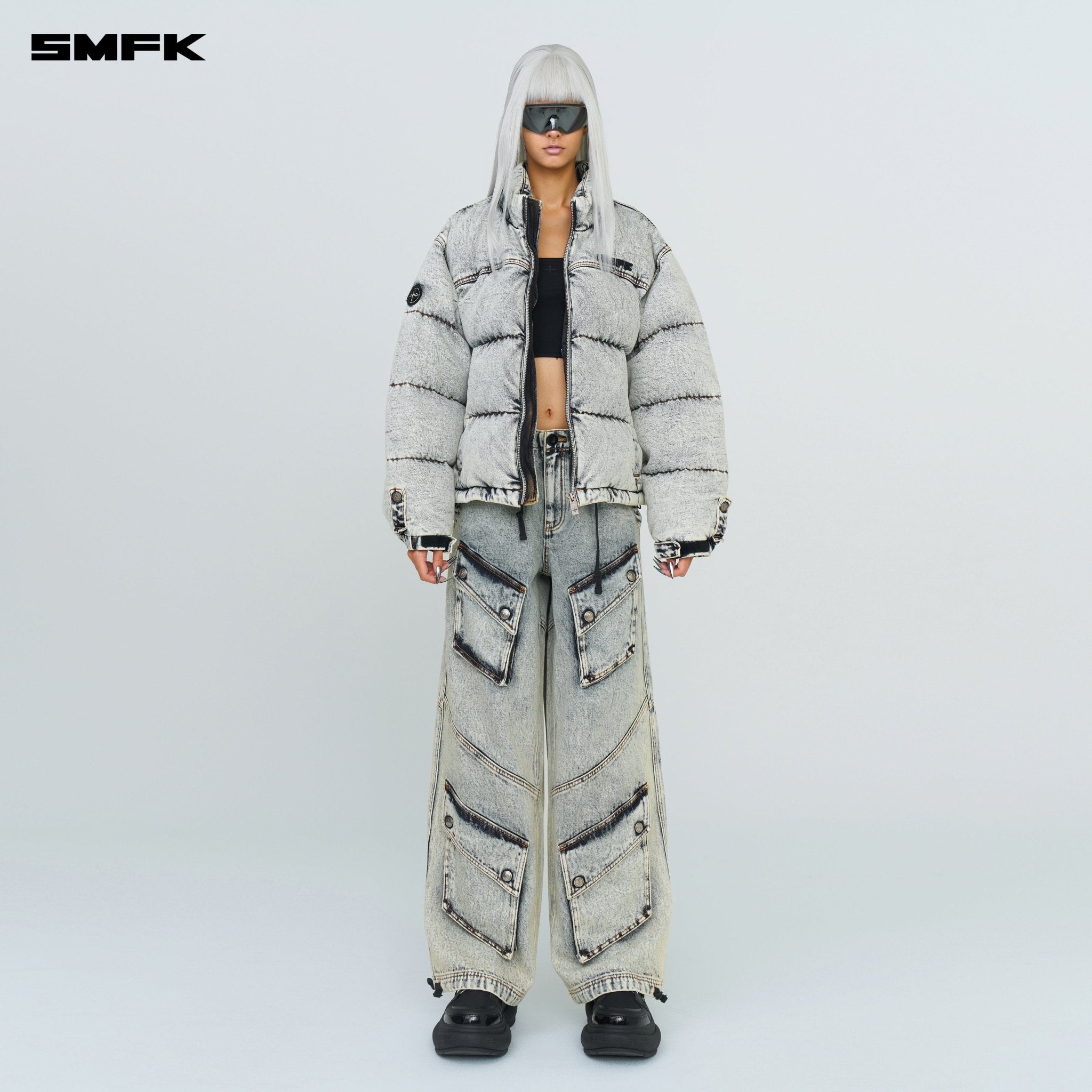 SMFK Compass Mustang Classic Denim Puffer Jacket In White | MADAX