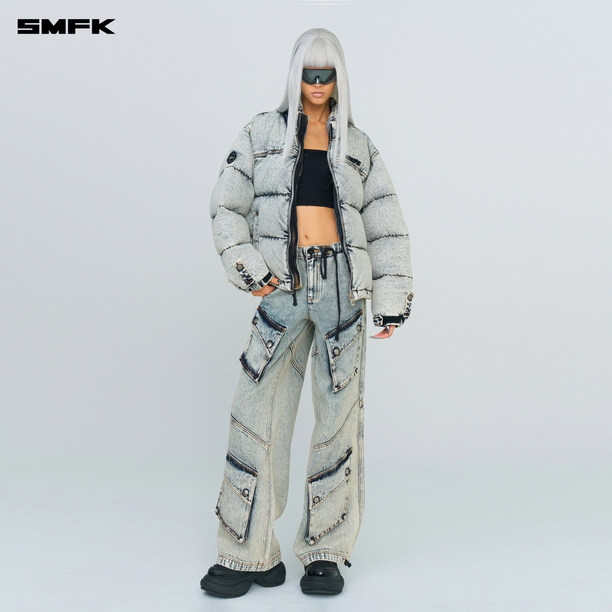 SMFK Compass Mustang Classic Denim Puffer Jacket In White | MADAX