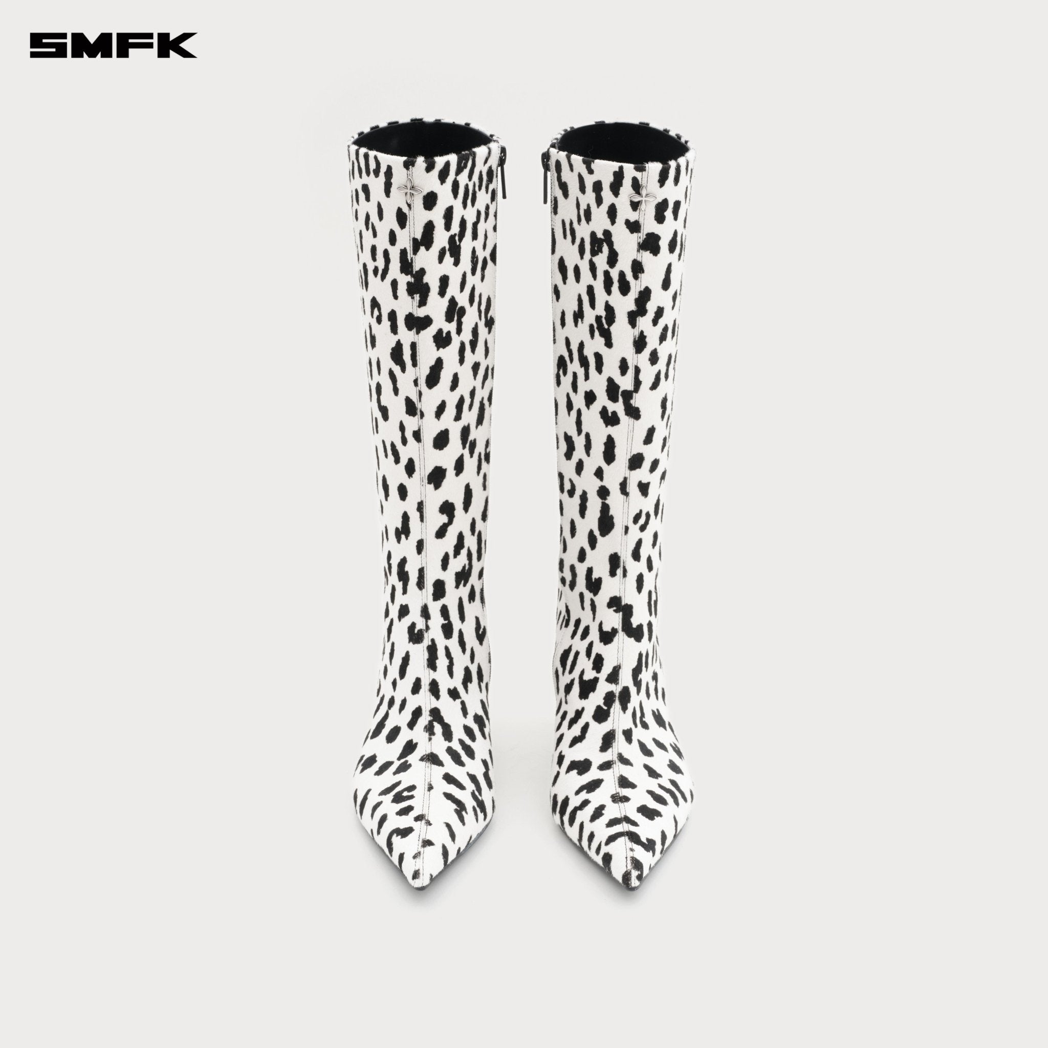 SMFK Compass Rivet Leather High Heel Boots In White Leopard | MADAX