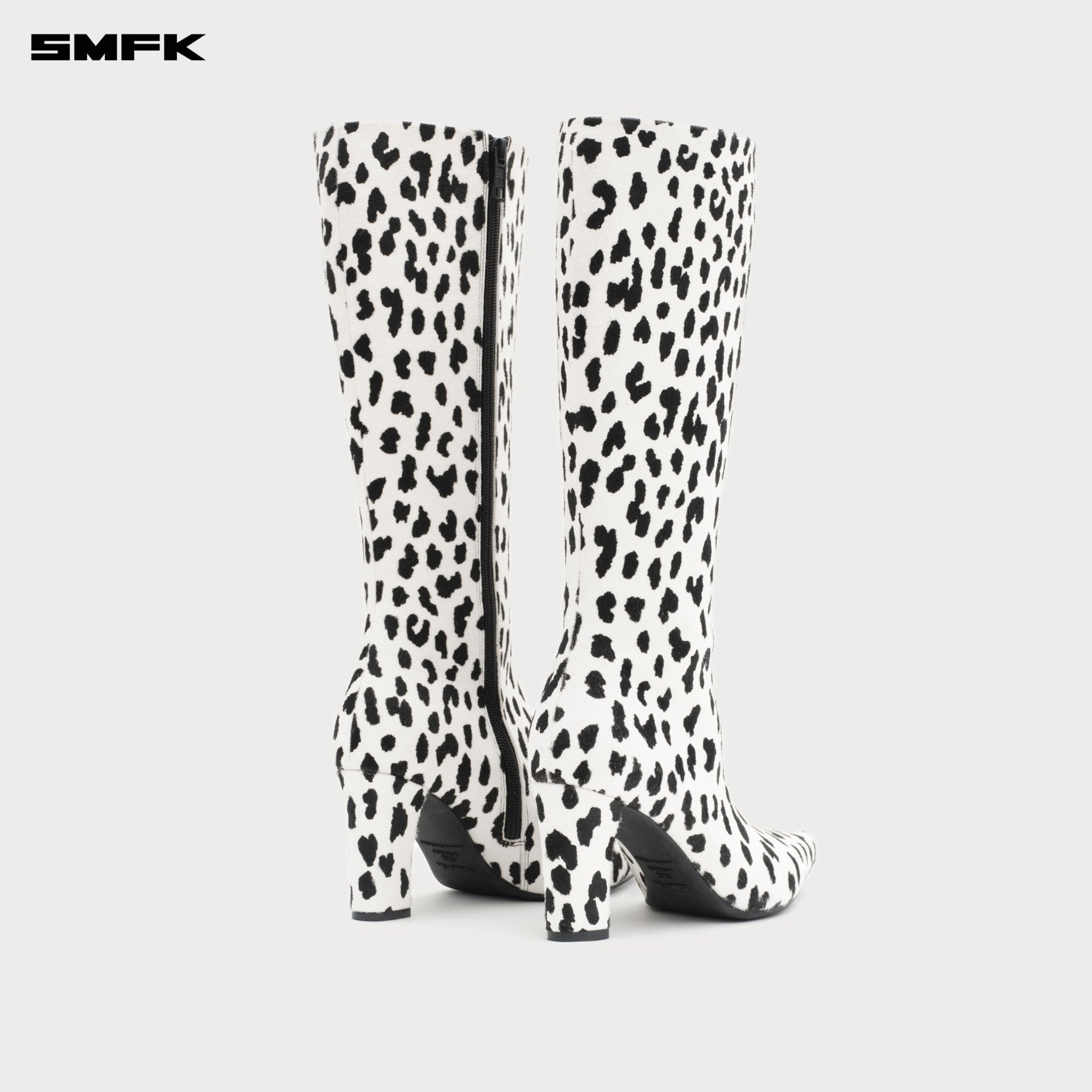 SMFK Compass Rivet Leather High Heel Boots In White Leopard | MADAX