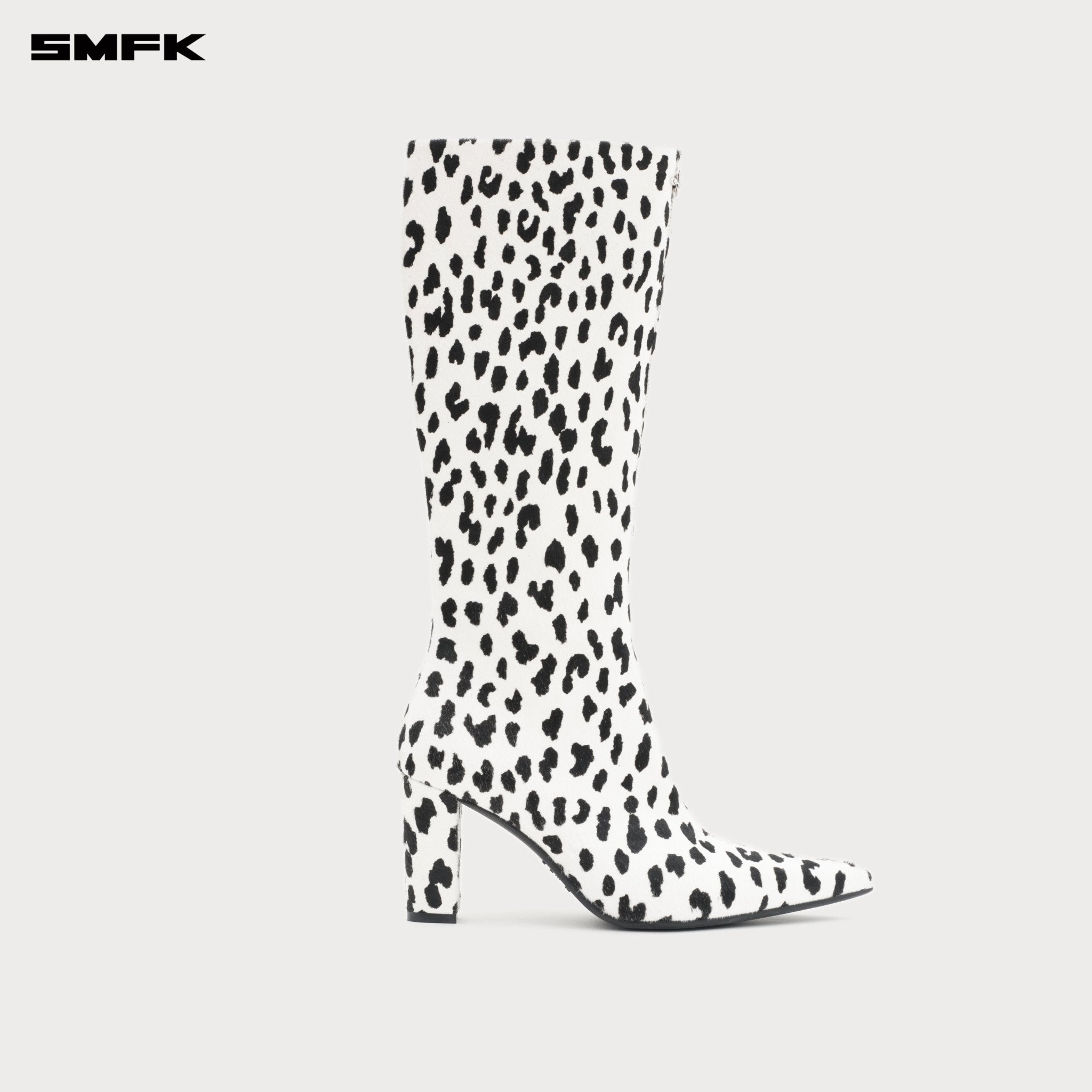 SMFK Compass Rivet Leather High Heel Boots In White Leopard | MADAX