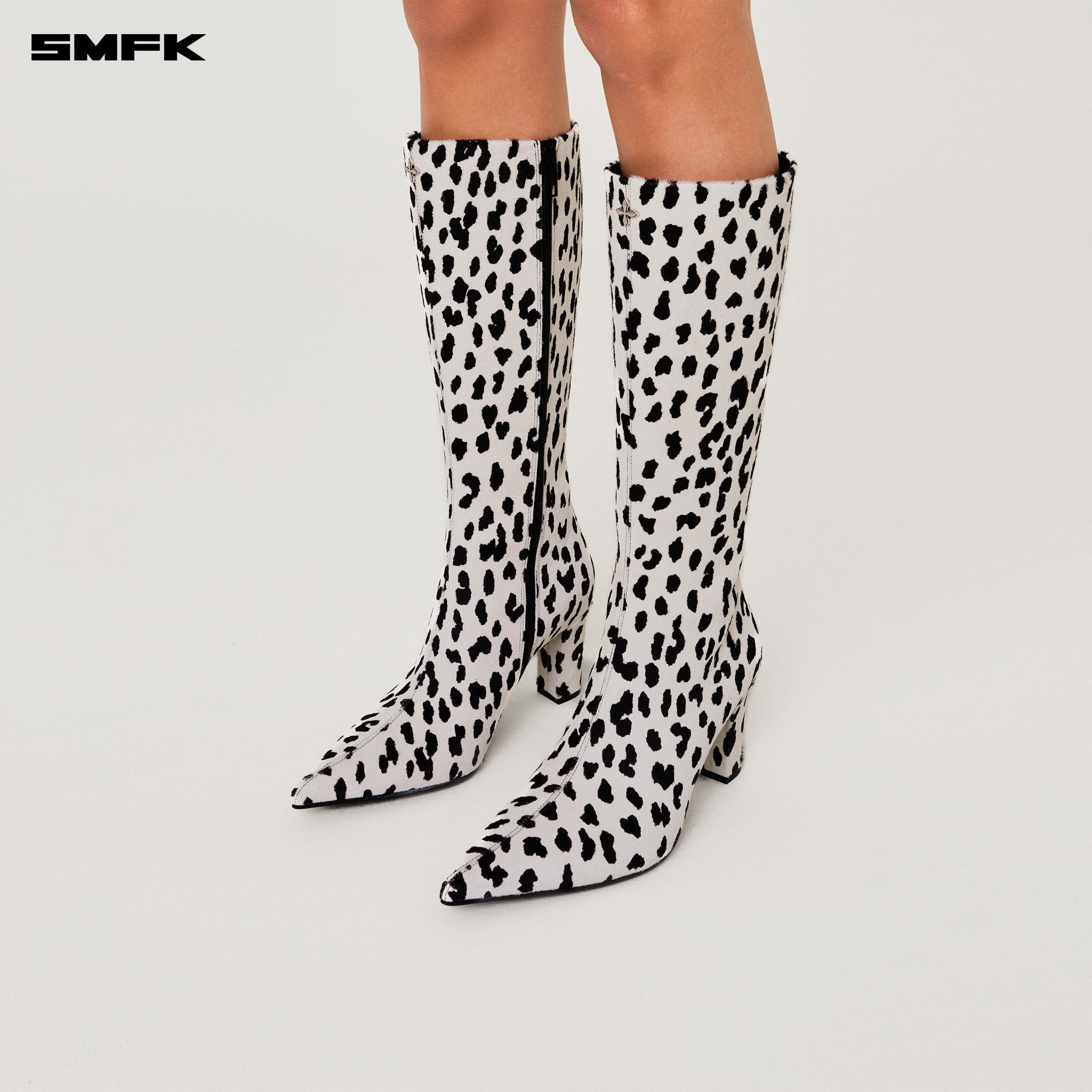 SMFK Compass Rivet Leather High Heel Boots In White Leopard | MADAX