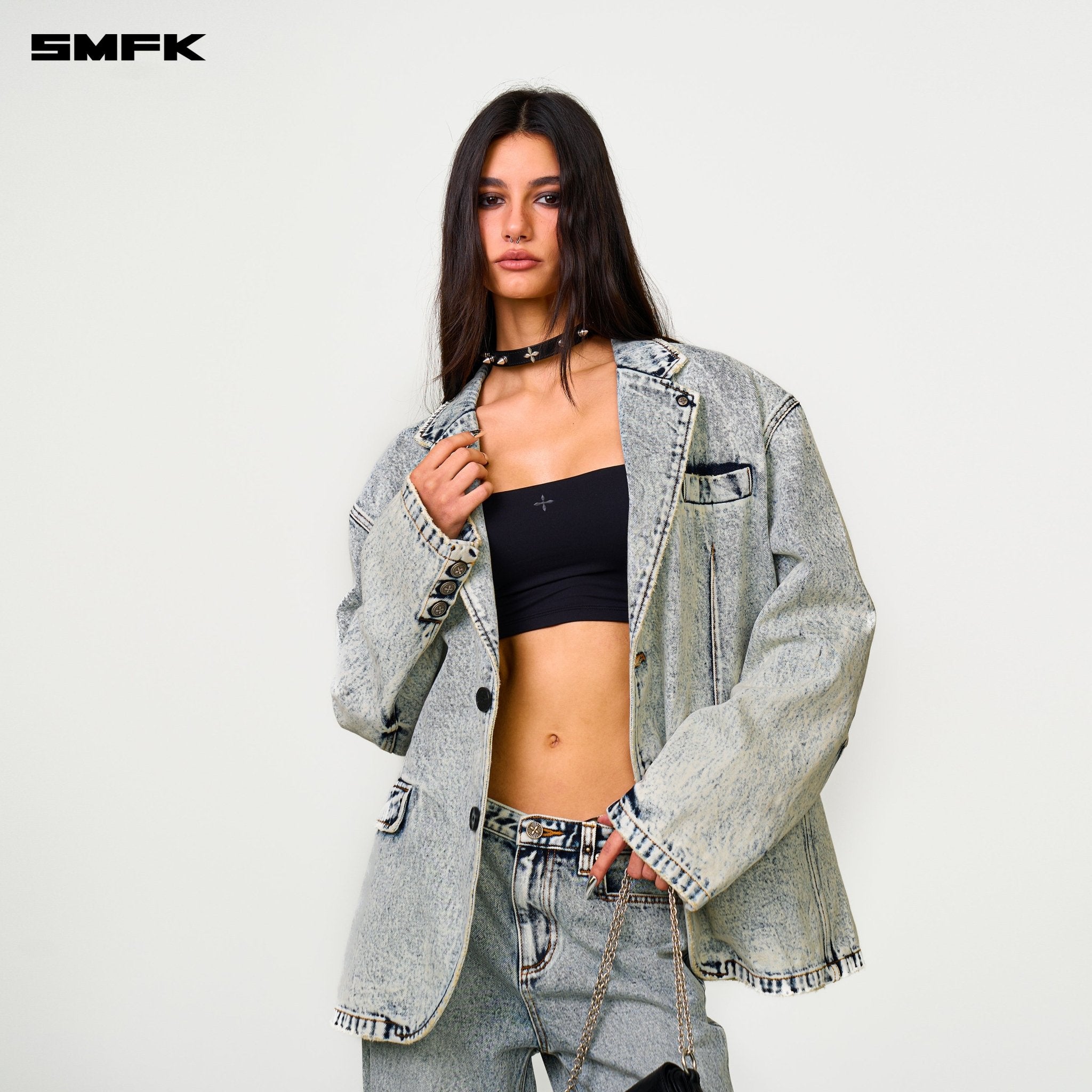 SMFK Compass Rivet Rivet Leather High Collar Choker In Black | MADAX