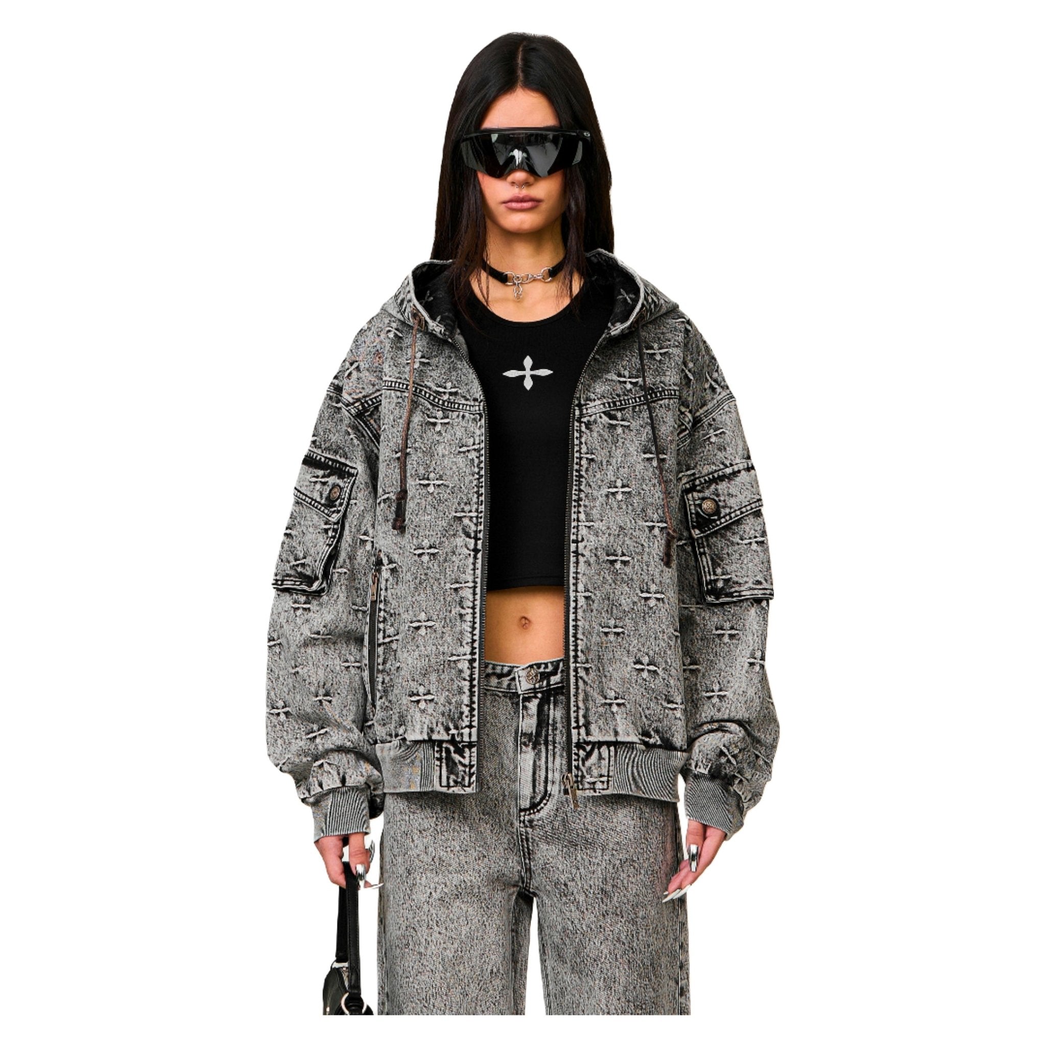 SMFK Compass Storm Garden Oversize Denim Hoodie In Grey | MADAX