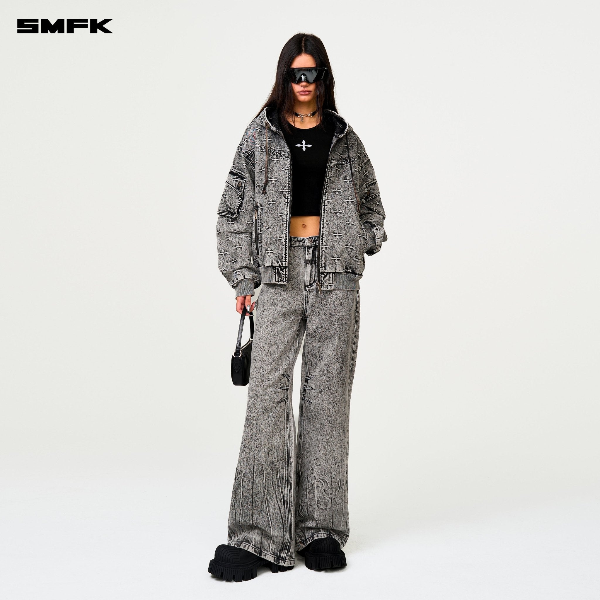 SMFK Compass Storm Garden Oversize Denim Hoodie In Grey | MADAX