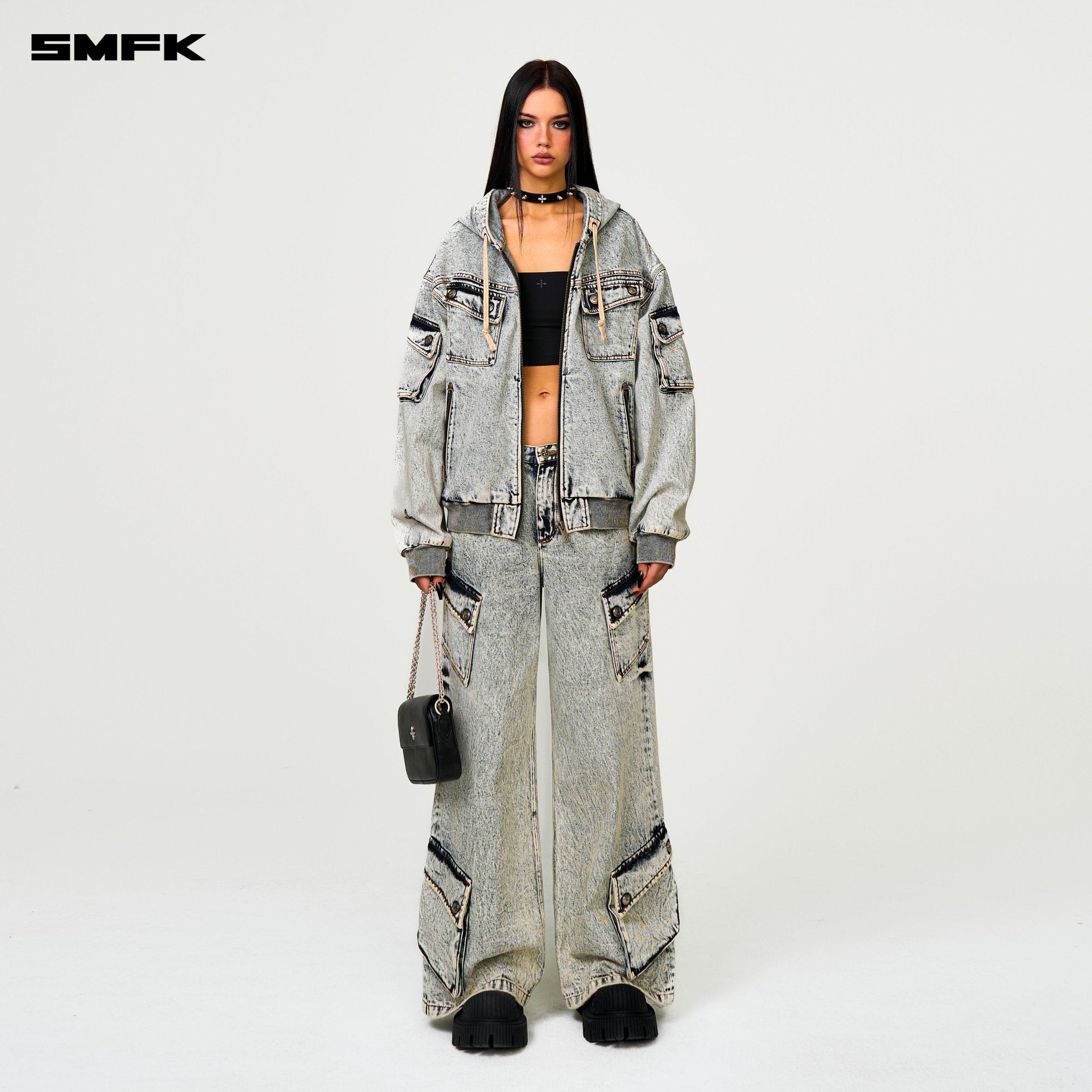 SMFK Compass Storm Garden Oversize Denim Hoodie In White | MADAX