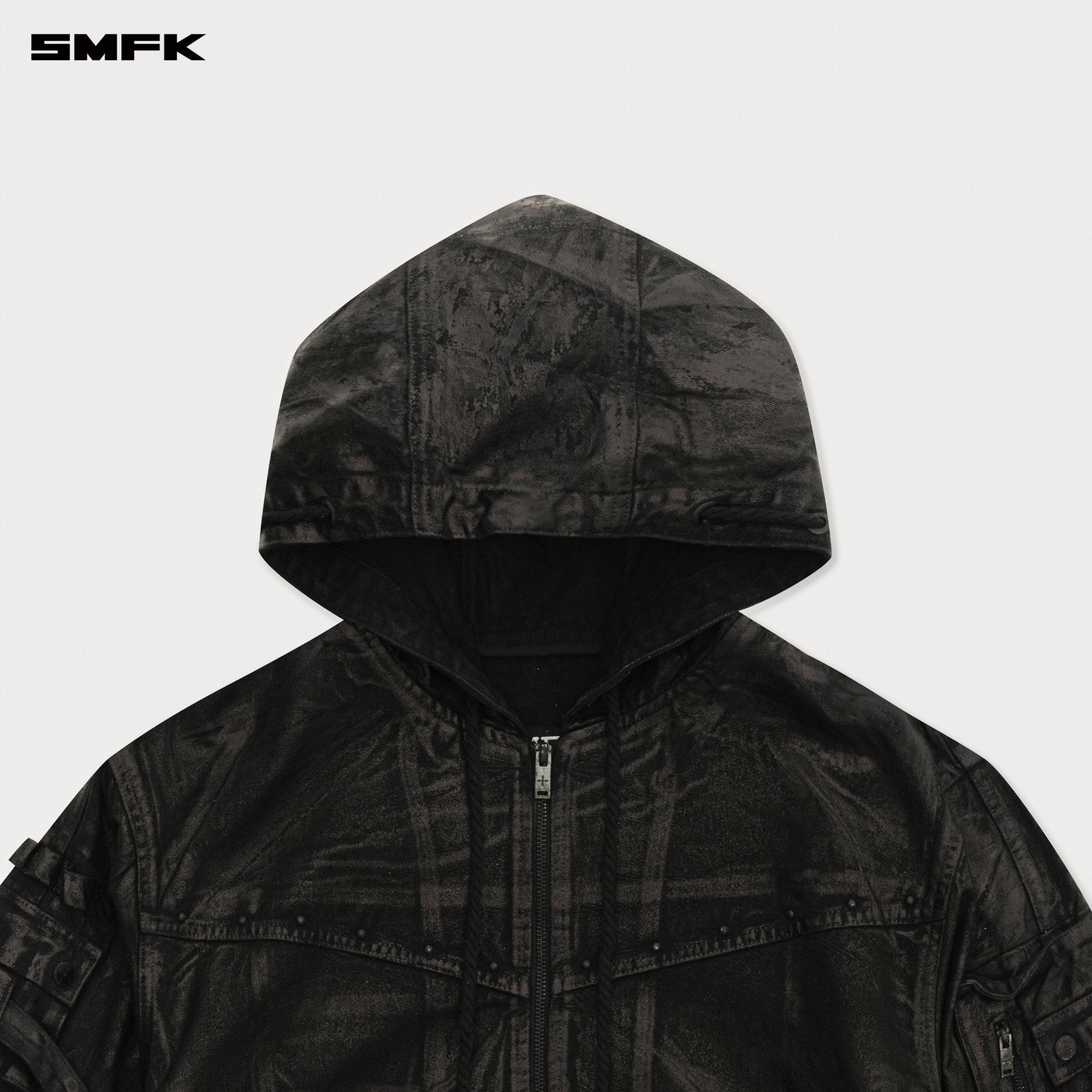 SMFK Compass Tarpan Waxed Denim Hoodie In Black | MADAX
