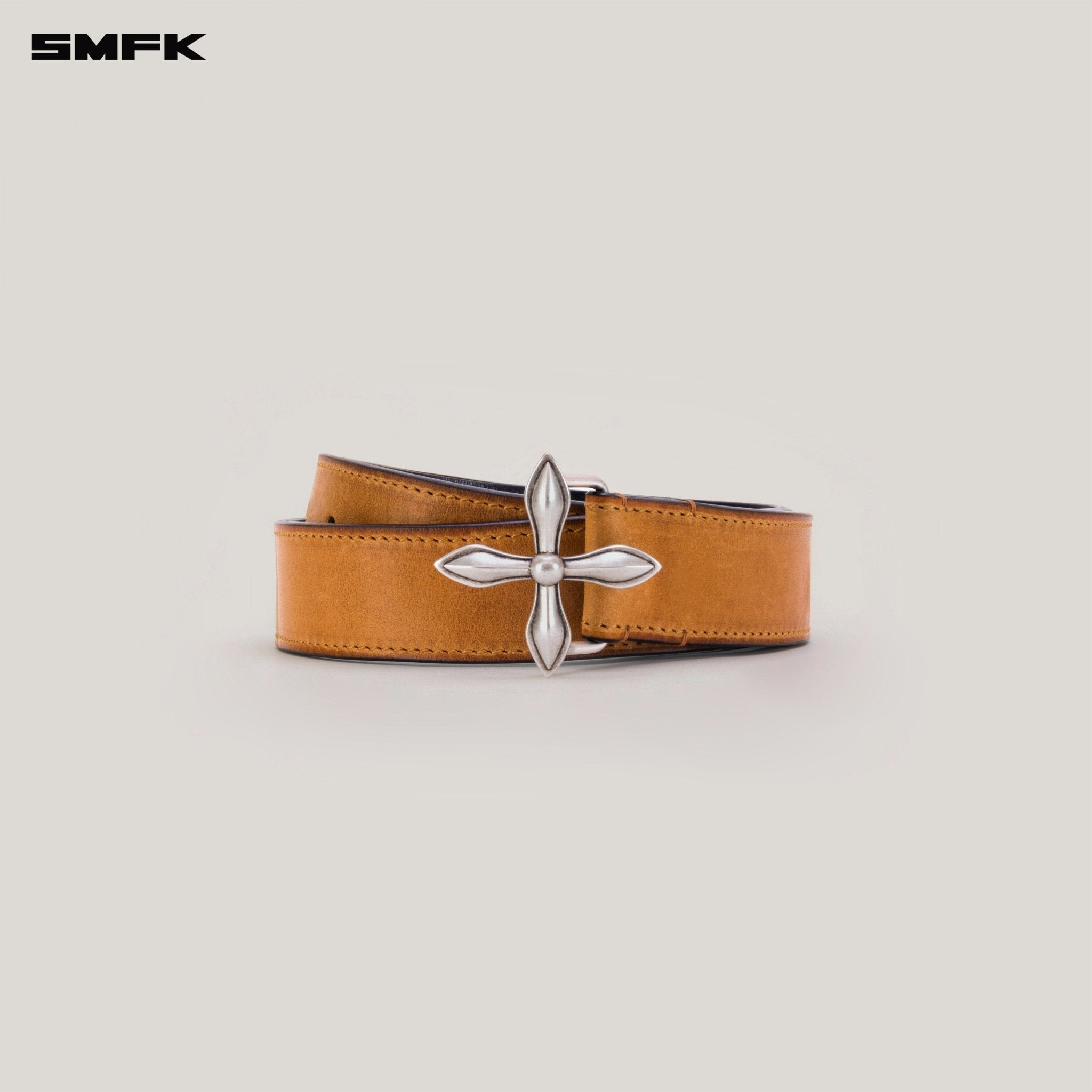 SMFK Compass Totem Handcraft Patina Leather Belt In Caramel | MADAX