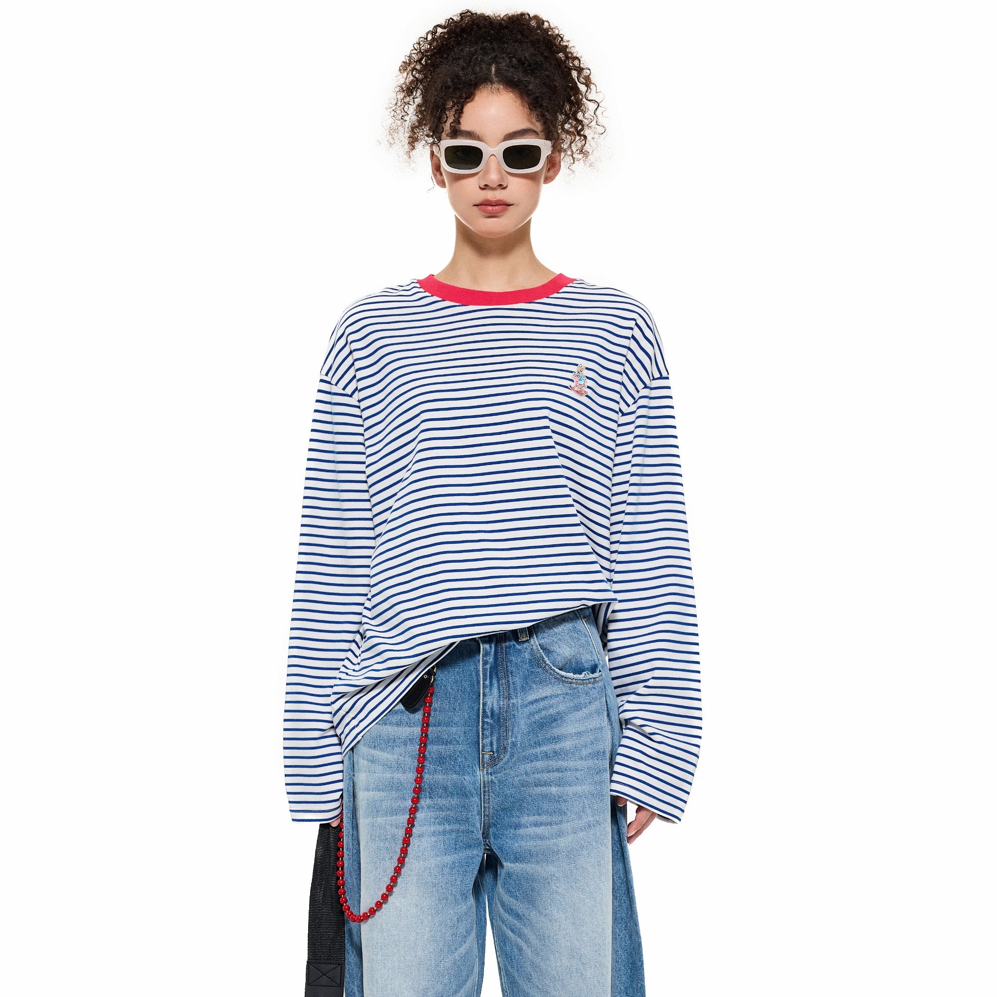 ALEXIA SANDRA Contrast Collar Rabbit Stripe T - Shirt in Blue | MADA IN CHINA