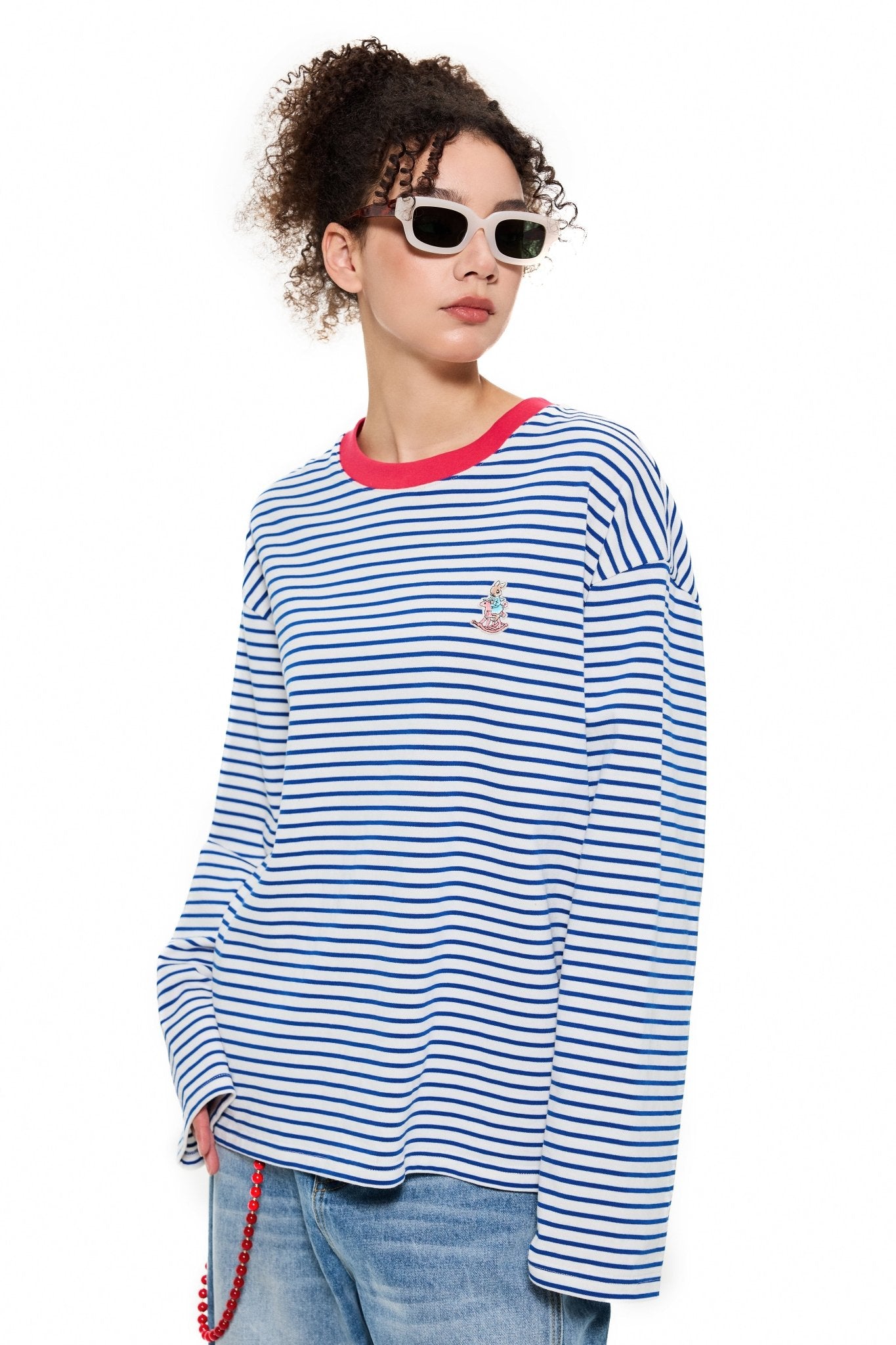 ALEXIA SANDRA Contrast Collar Rabbit Stripe T - Shirt in Blue | MADA IN CHINA