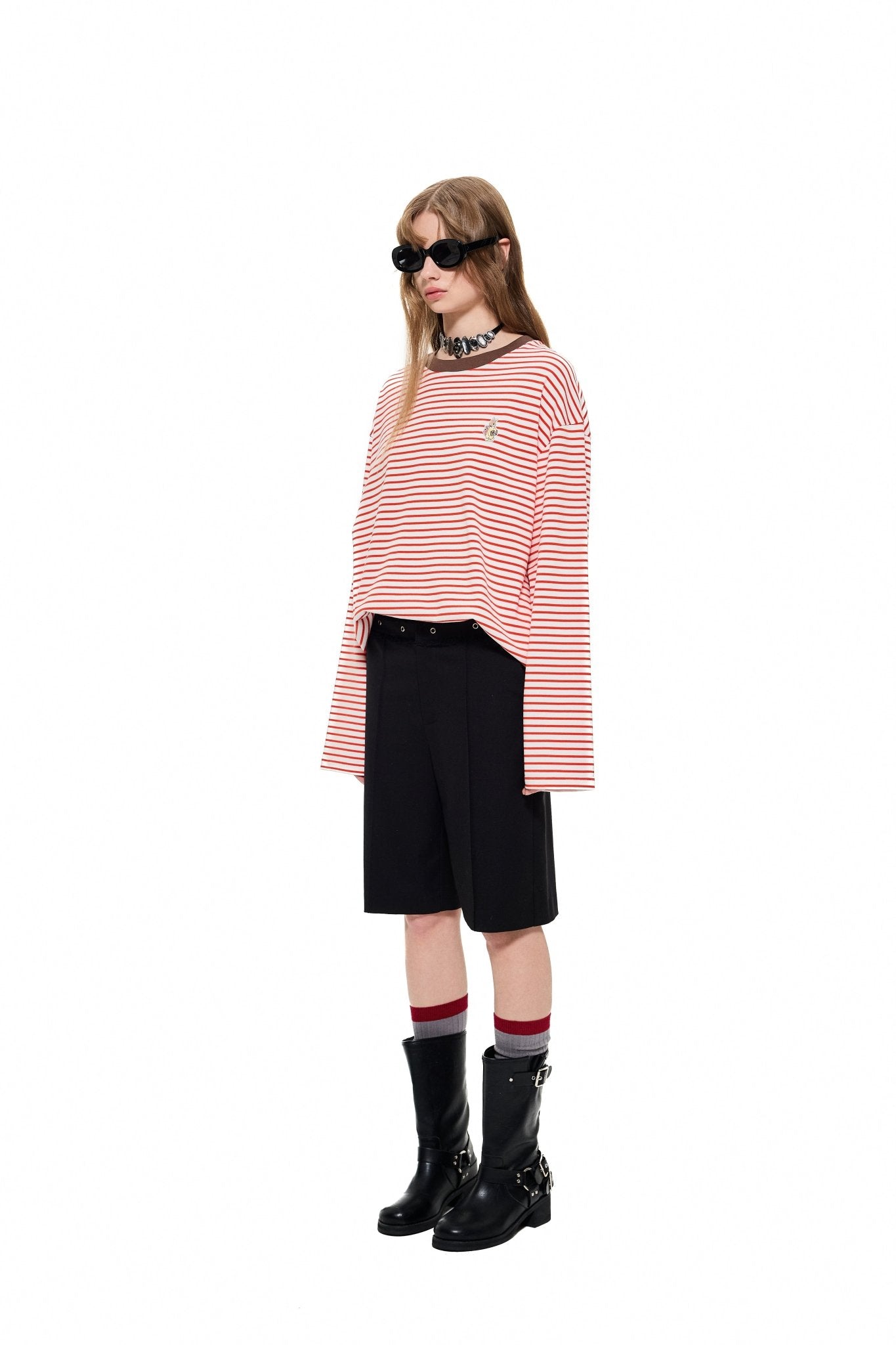 ALEXIA SANDRA Contrast Collar Rabbit Stripe T - Shirt in Red | MADA IN CHINA