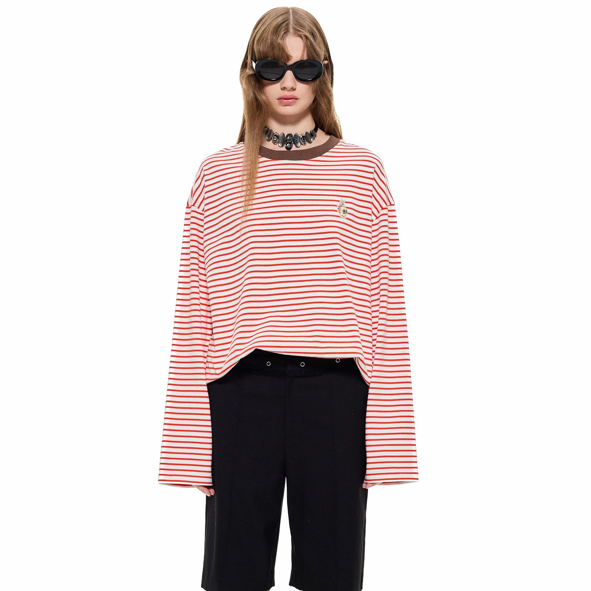 ALEXIA SANDRA Contrast Collar Rabbit Stripe T - Shirt in Red | MADA IN CHINA