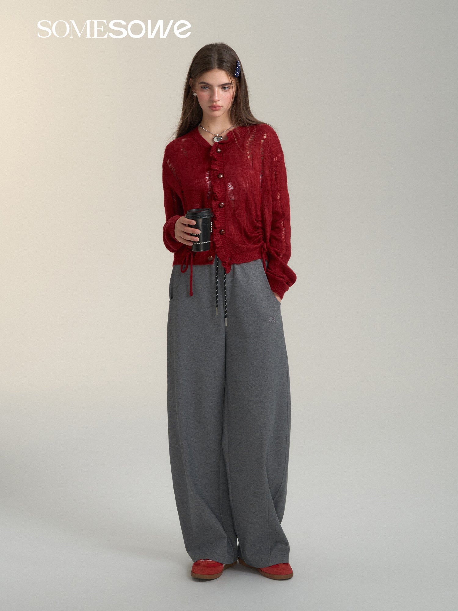 SOMESOWE Contrast Drawstring Wide - leg Pants In Gray | MADAX