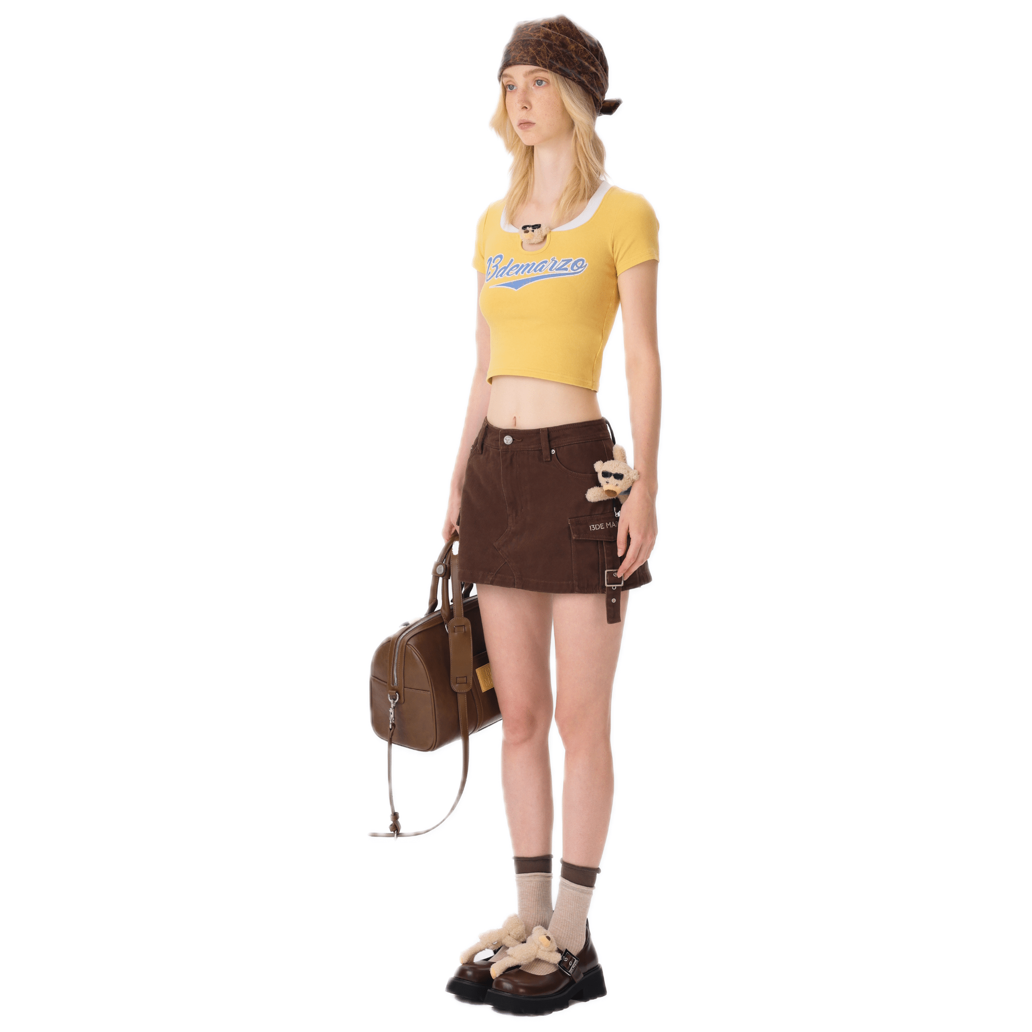 13DE MARZO Contrast Print Slim Fit Cropped T-shirt in Yellow | MADAX