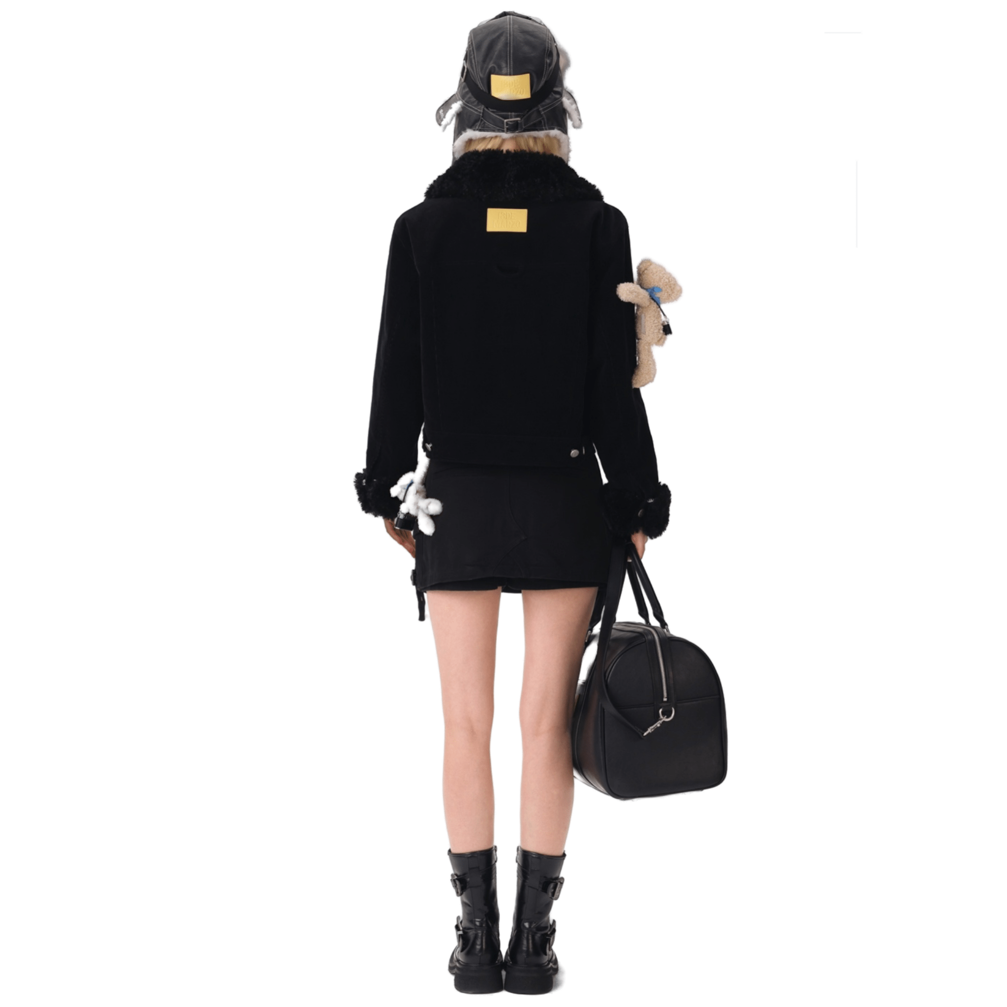 13DE MARZO Corduroy Detachable Fur Collar Quilted Jacket in Black | MADAX