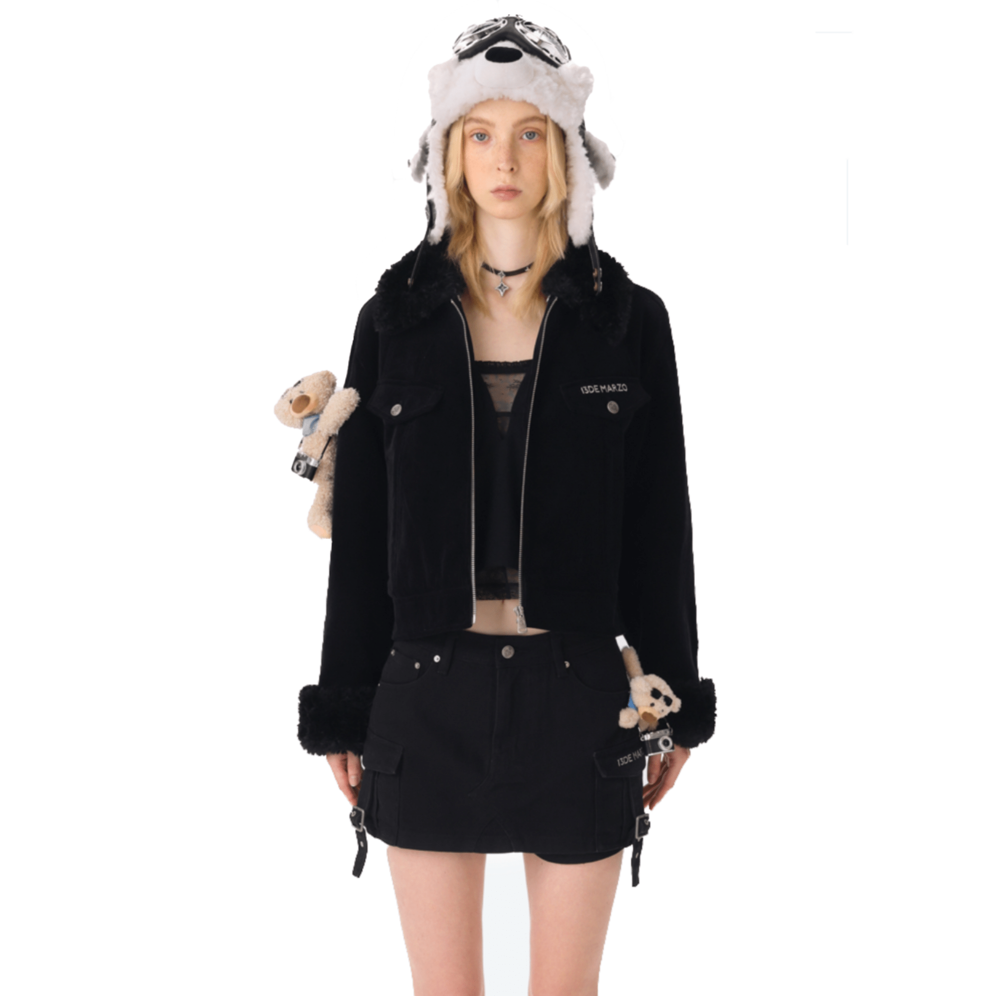 13DE MARZO Corduroy Detachable Fur Collar Quilted Jacket in Black | MADAX