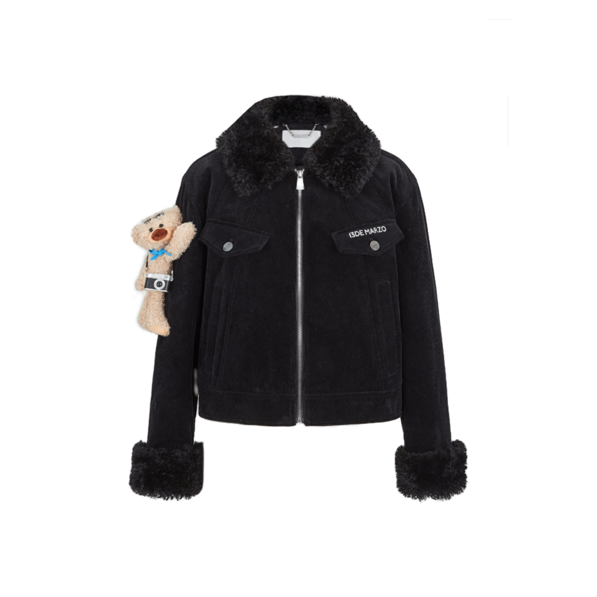 13DE MARZO Corduroy Detachable Fur Collar Quilted Jacket in Black | MADAX