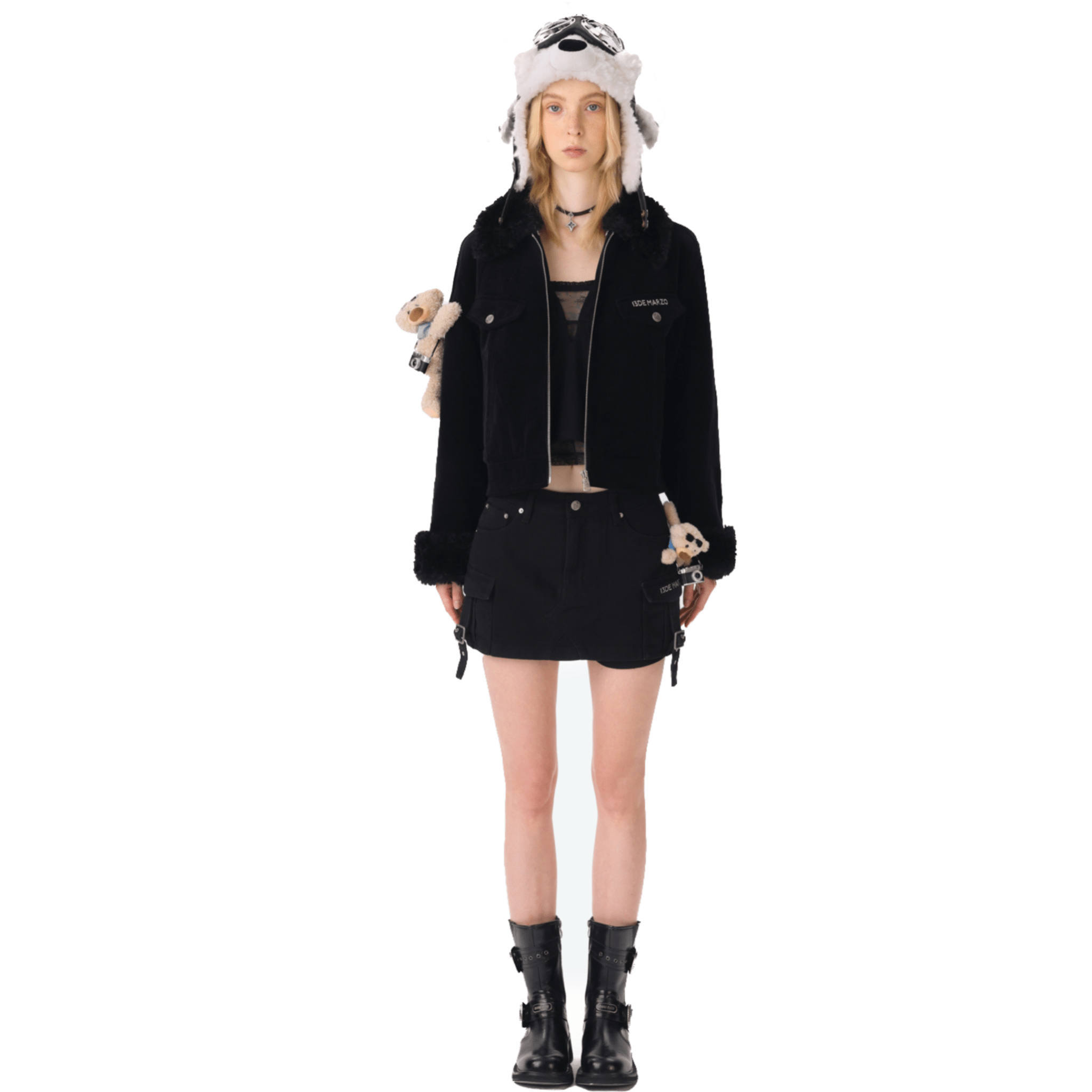 13DE MARZO Corduroy Detachable Fur Collar Quilted Jacket in Black | MADAX