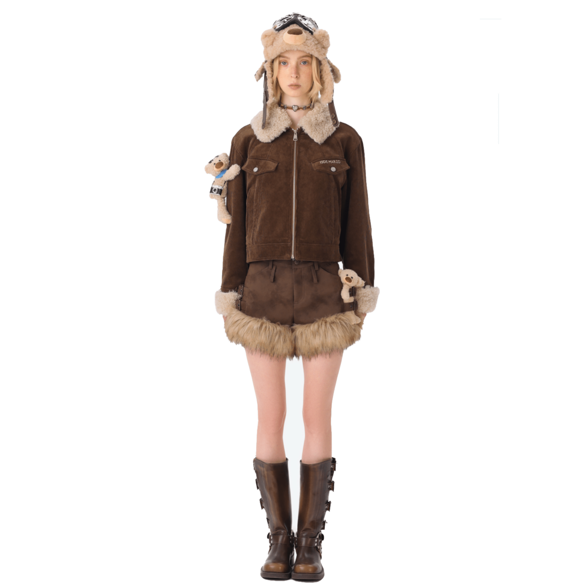 13DE MARZO Corduroy Detachable Fur Collar Quilted Jacket in Brown | MADAX