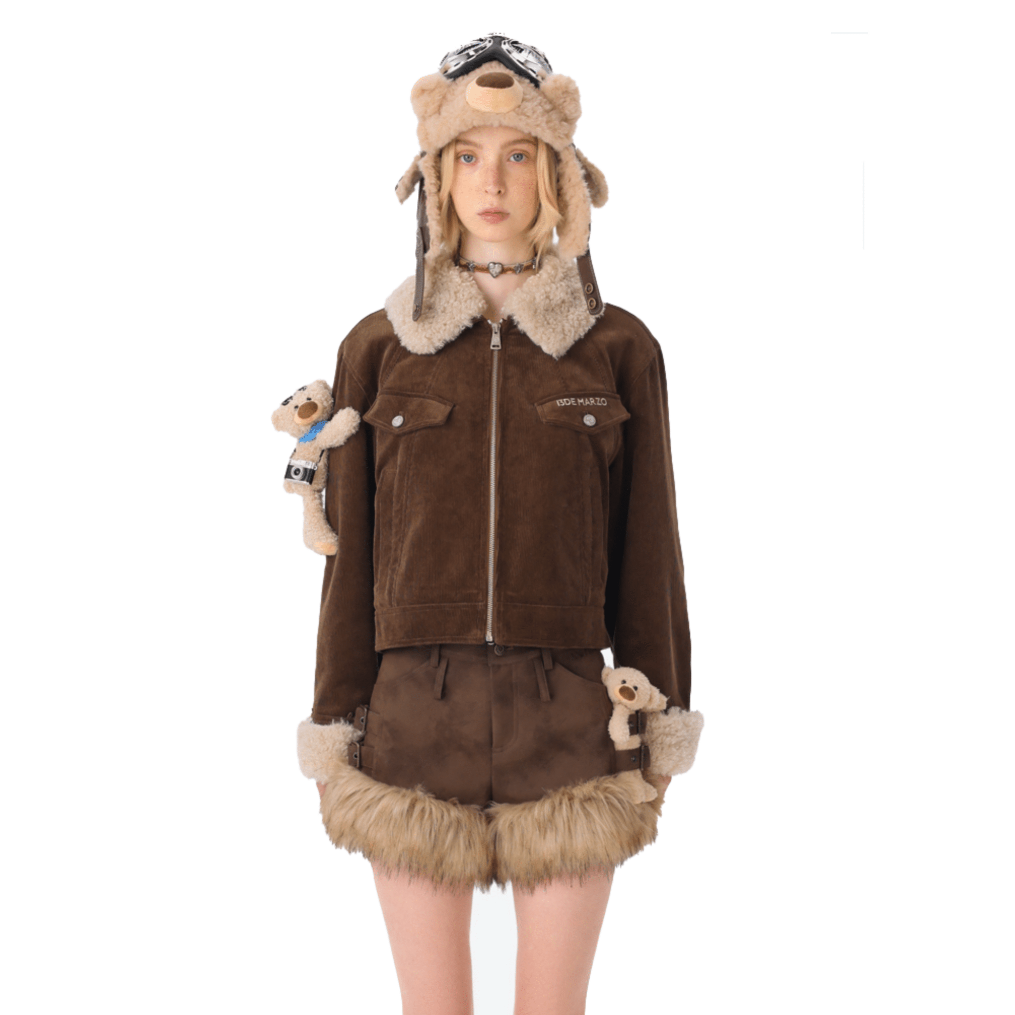 13DE MARZO Corduroy Detachable Fur Collar Quilted Jacket in Brown | MADAX