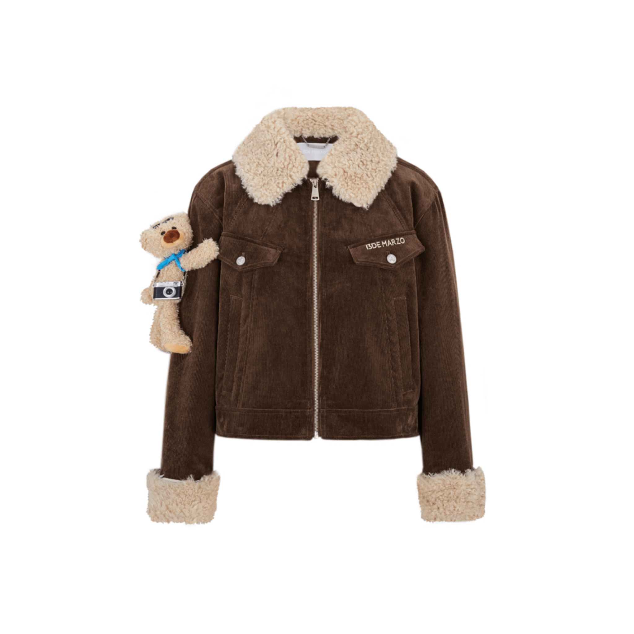 13DE MARZO Corduroy Detachable Fur Collar Quilted Jacket in Brown | MADAX
